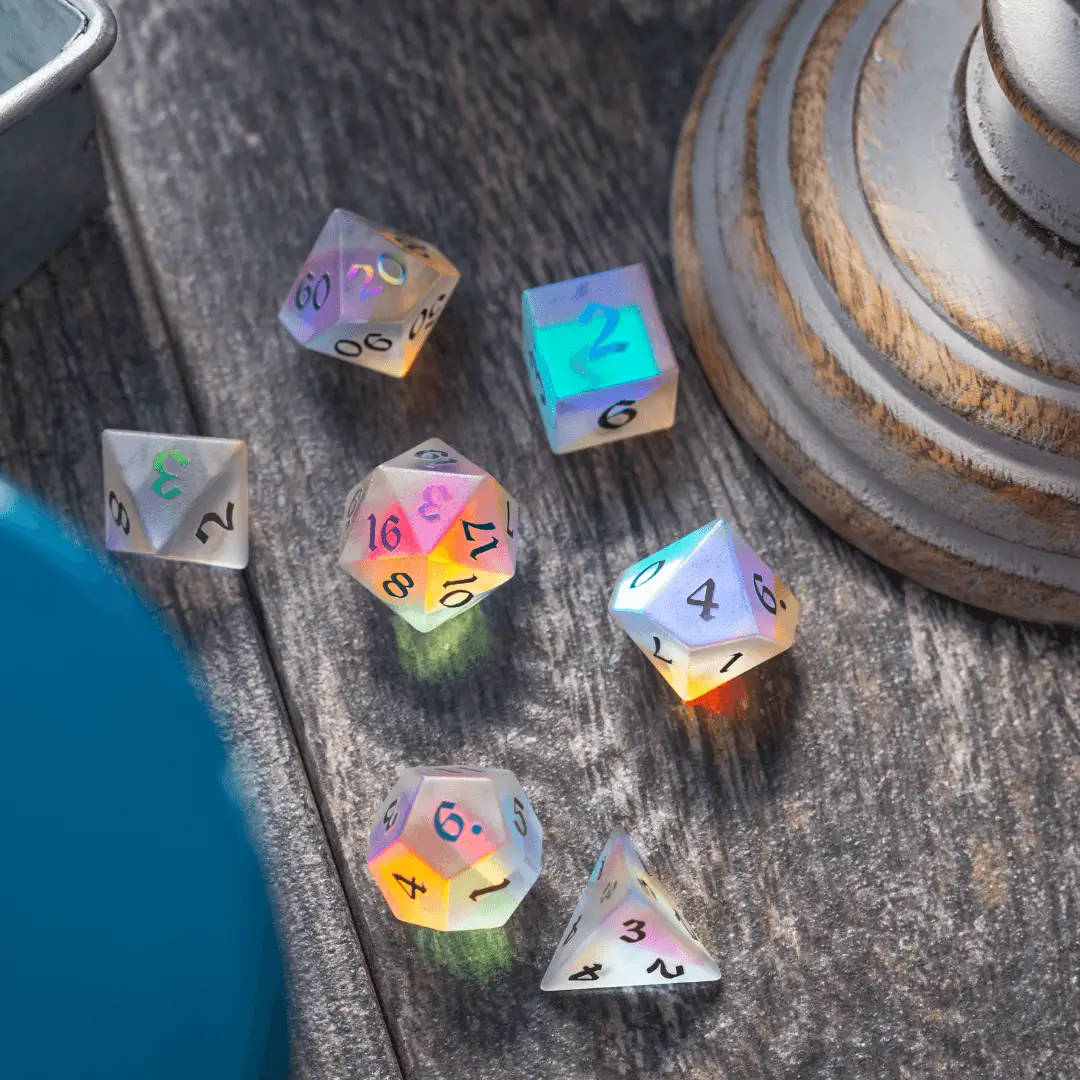 Gemstone (Inked) Raised Dichroic Glass DND Dice Set by Runic Dice