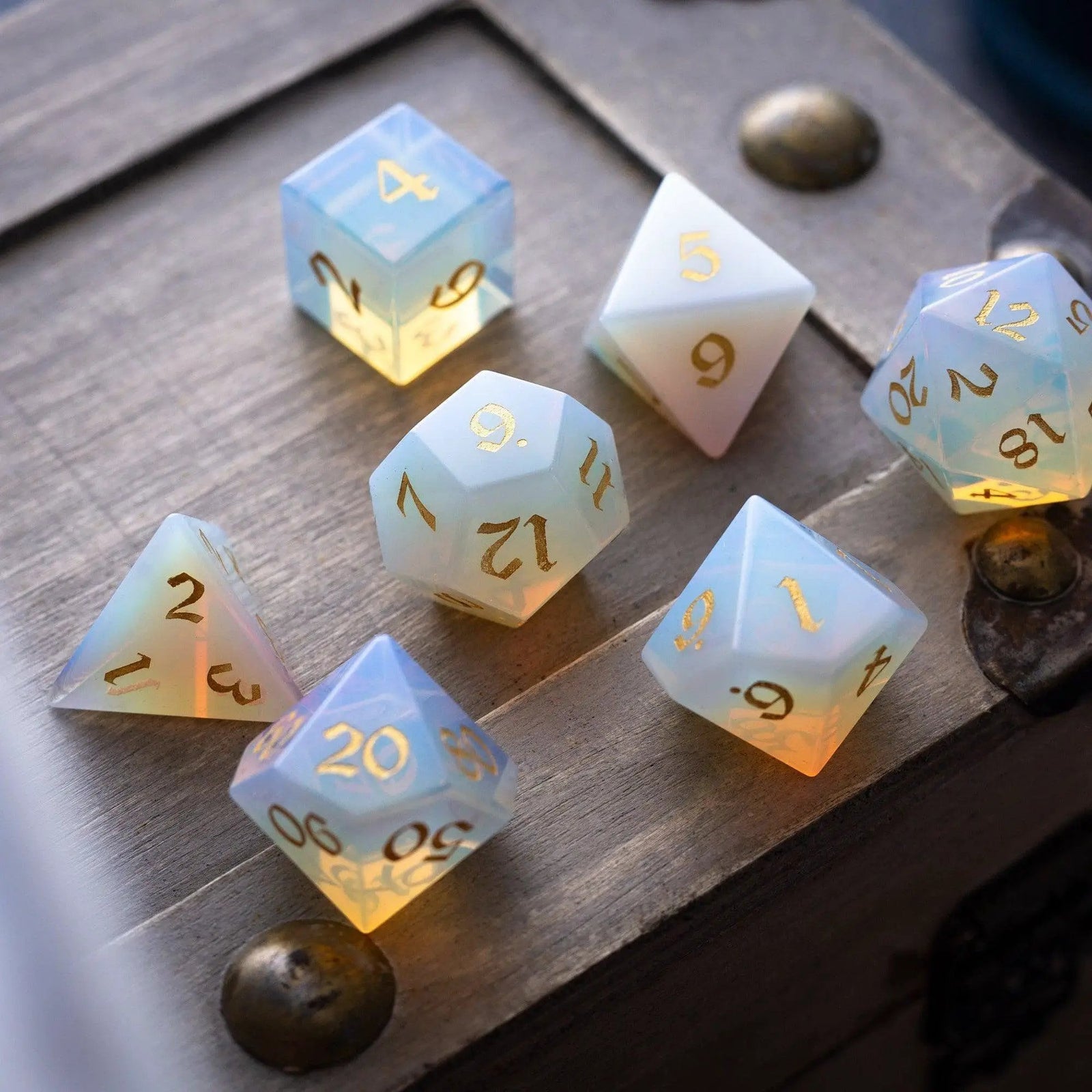 Gemstone Opalite (Gold Font) Hand Carved DND Dice Set by Runic Dice