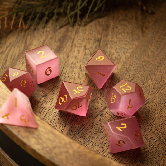 Gemstone Pink Watermelon Cats Eye Stone Hand Carved DND Dice Set