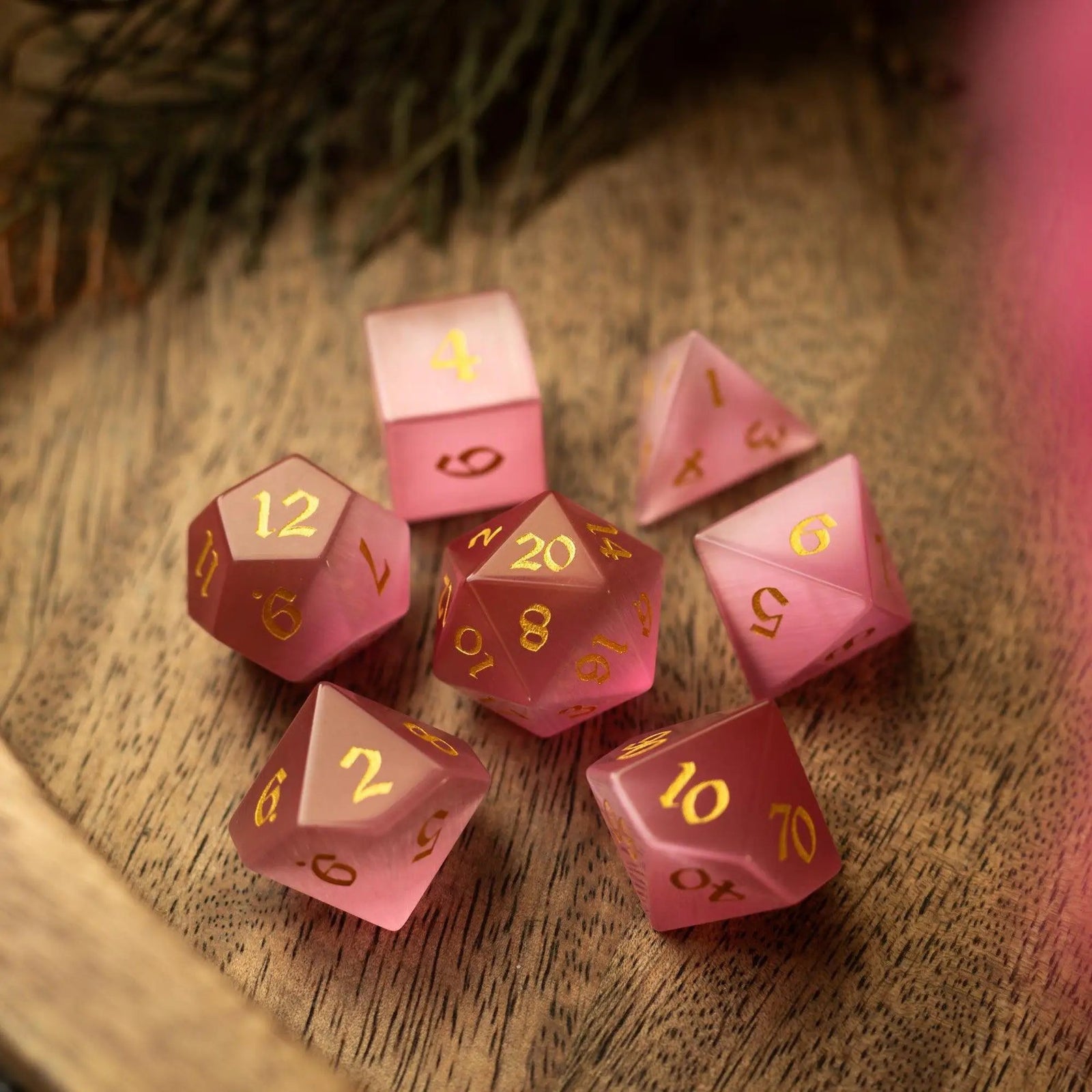 Gemstone Pink Watermelon Cats Eye Stone Hand Carved DND Dice Set by Runic Dice