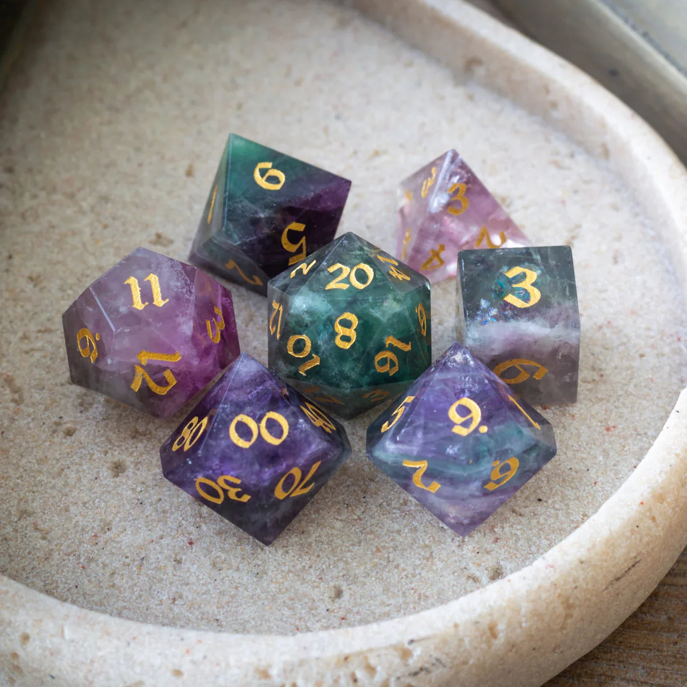 Gemstone Rainbow Fluorite Hand Carved DND Dice Set
