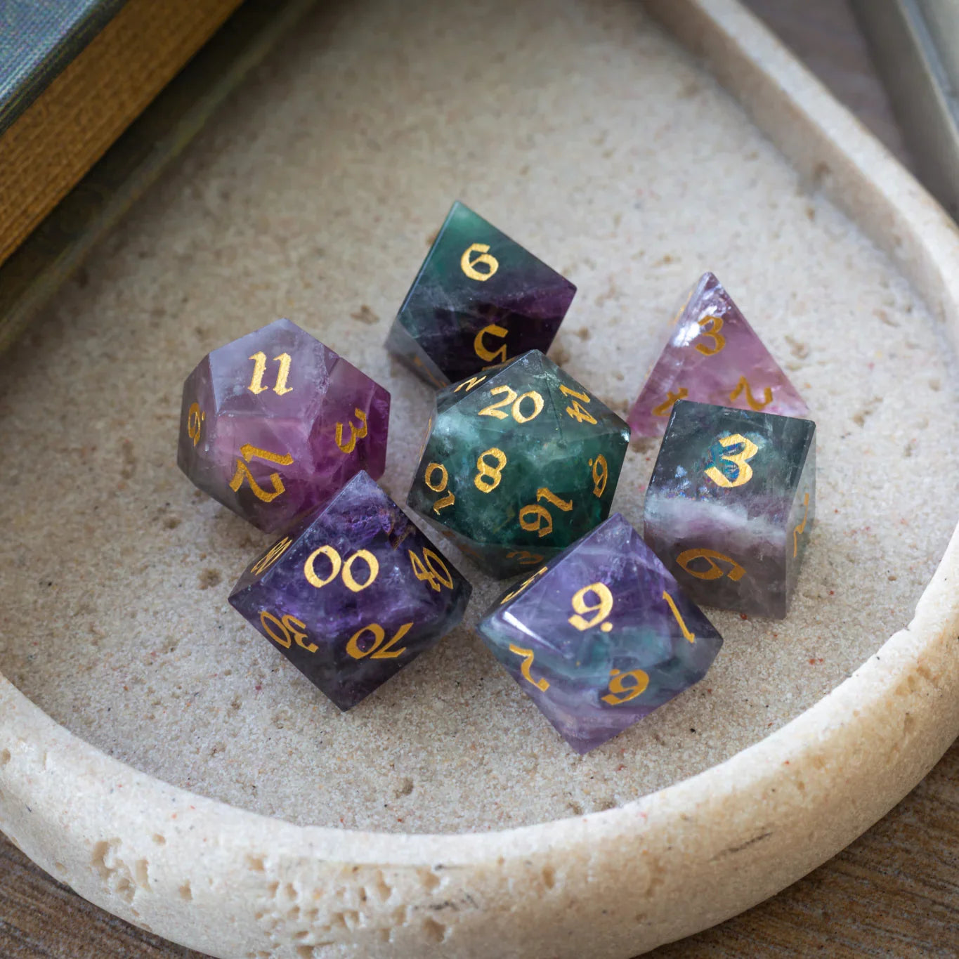 Gemstone Rainbow Fluorite Hand Carved DND Dice Set