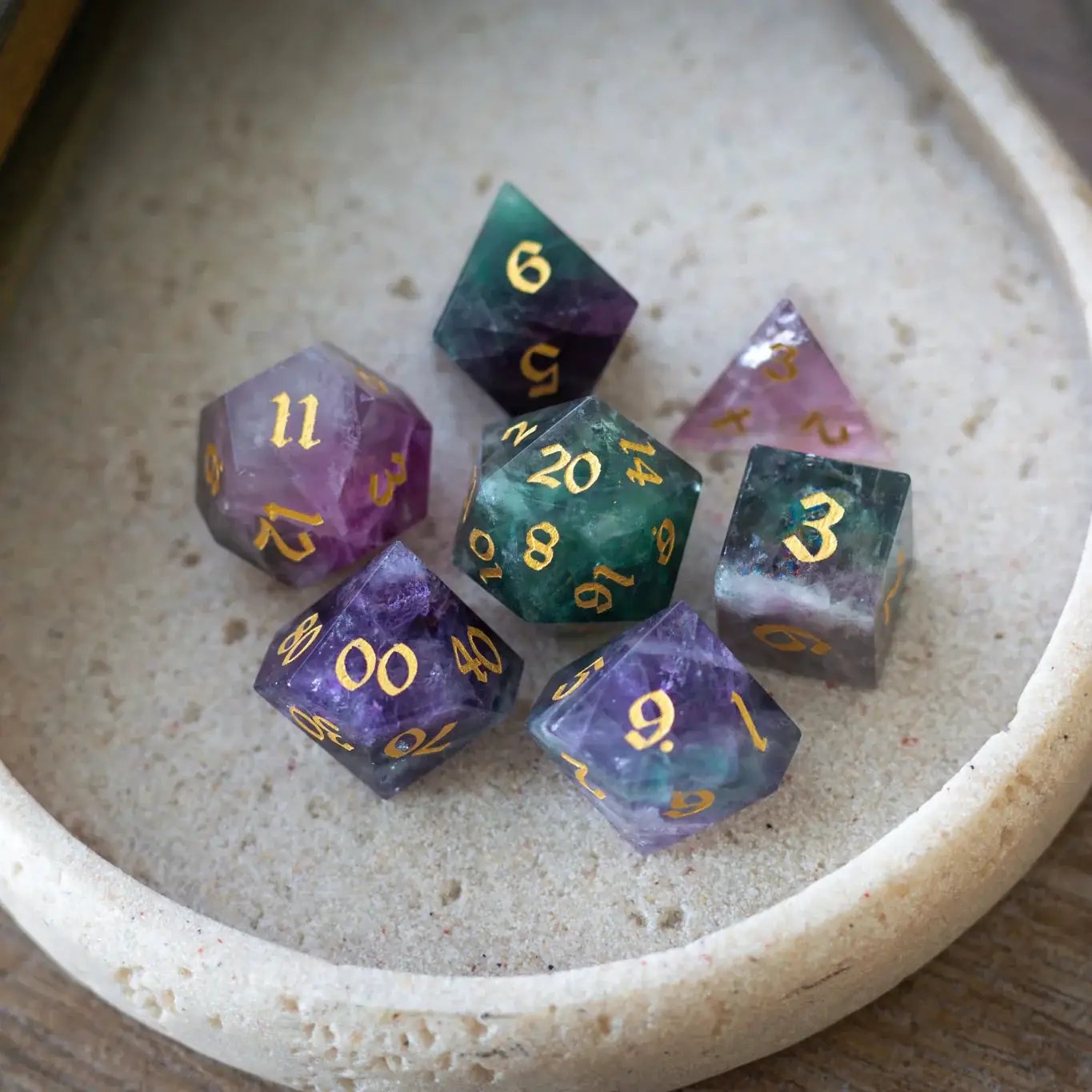 Gemstone Rainbow Fluorite Hand Carved DND Dice Set by Runic Dice