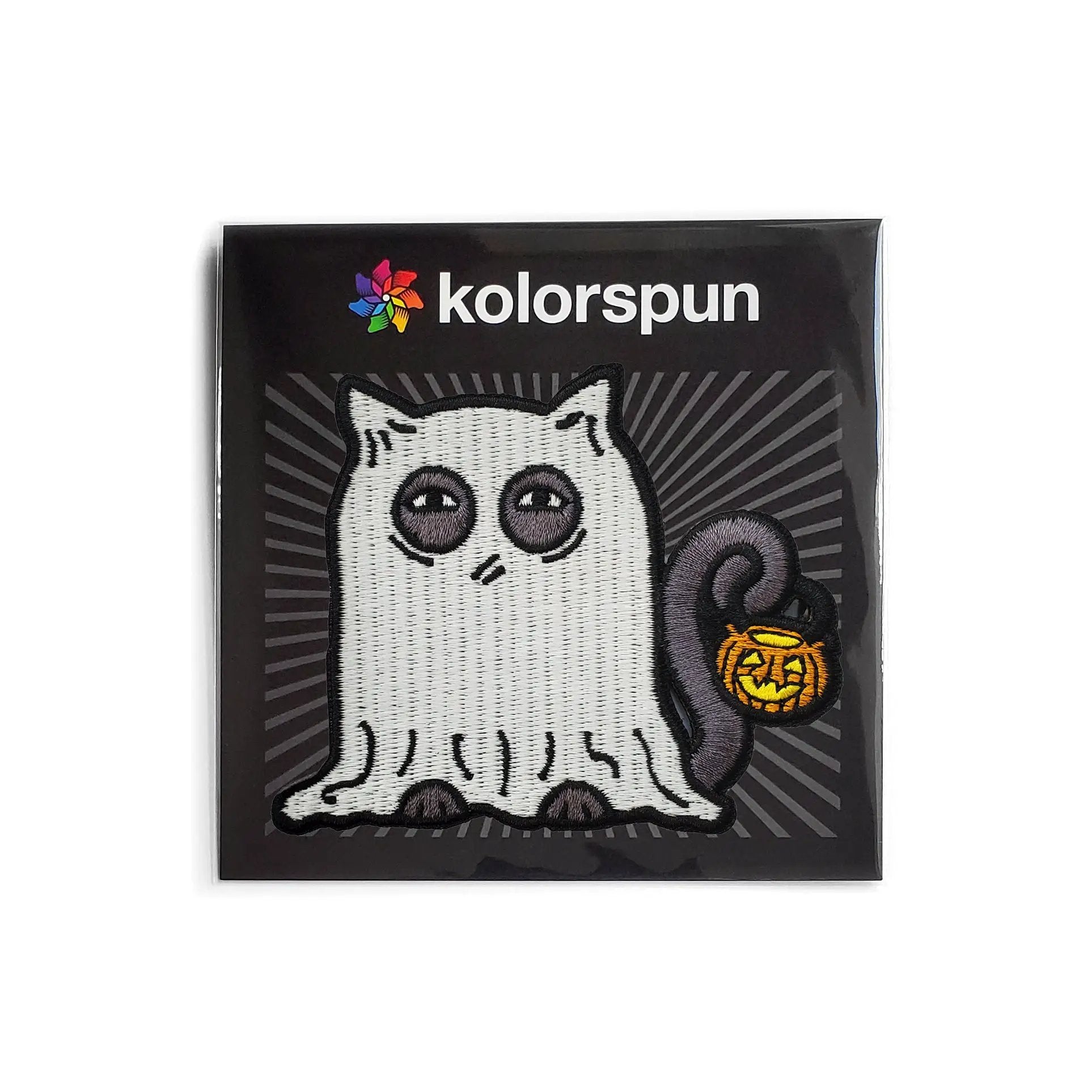 Glowing ghost cat patch by Kolorspun featuring a spooky ghost cat design on fabric patch for clothing or accessories.