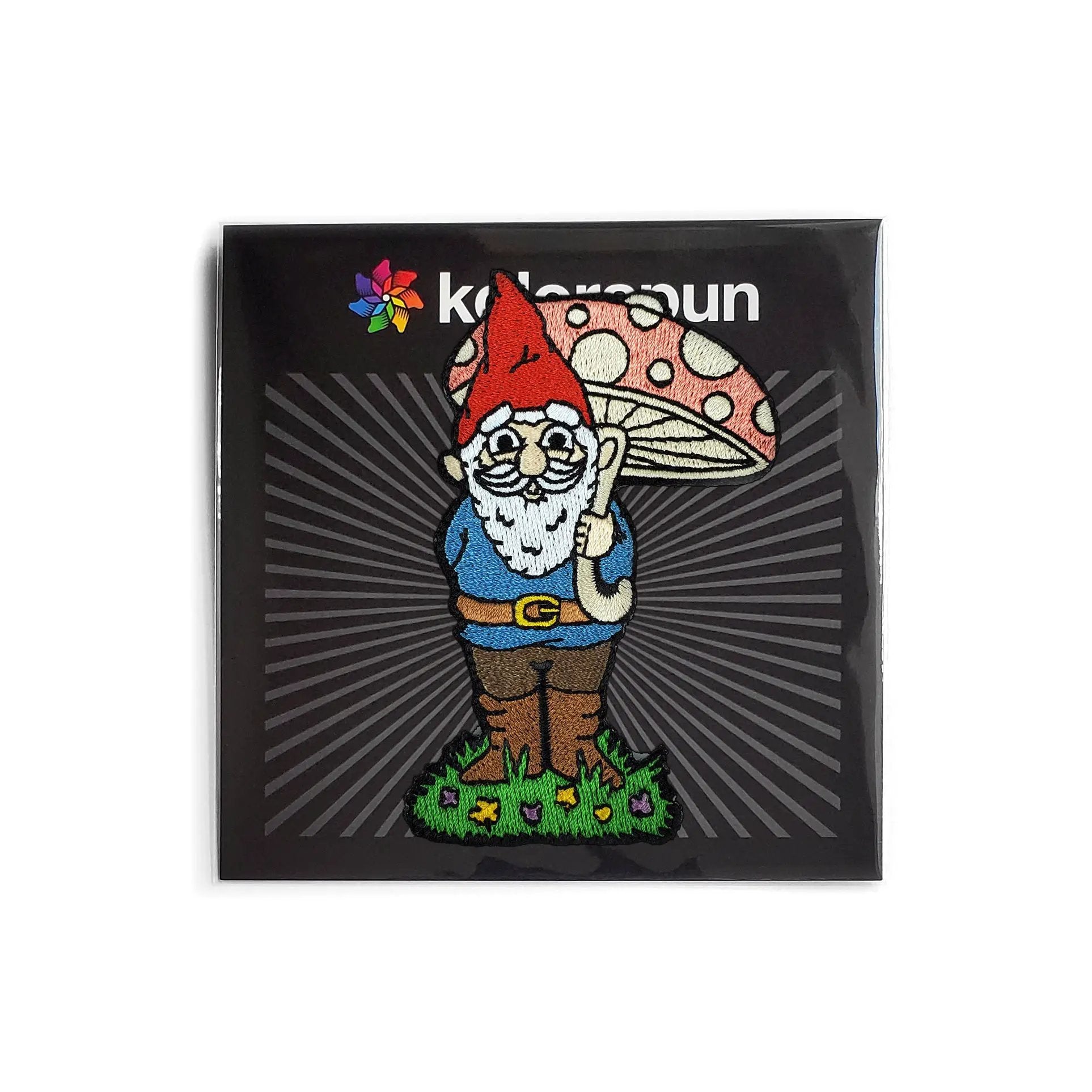 Colorful garden gnome patch by Kolorspun featuring a whimsical gnome design on fabric for decorating clothing or accessories.