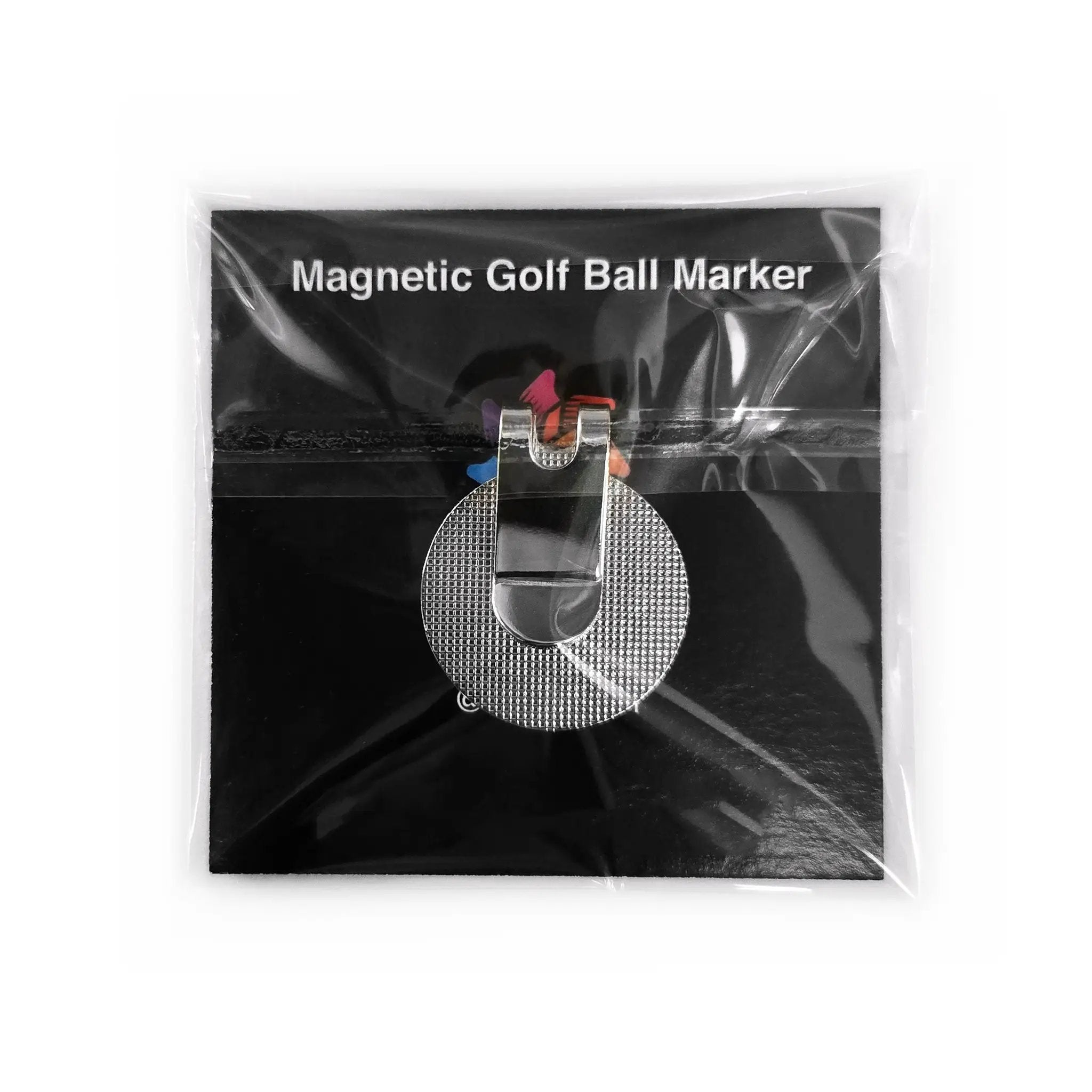 Kolorspun donut-shaped magnetic golf ball marker with colorful design, attached to a playing card back for easy use on the course.