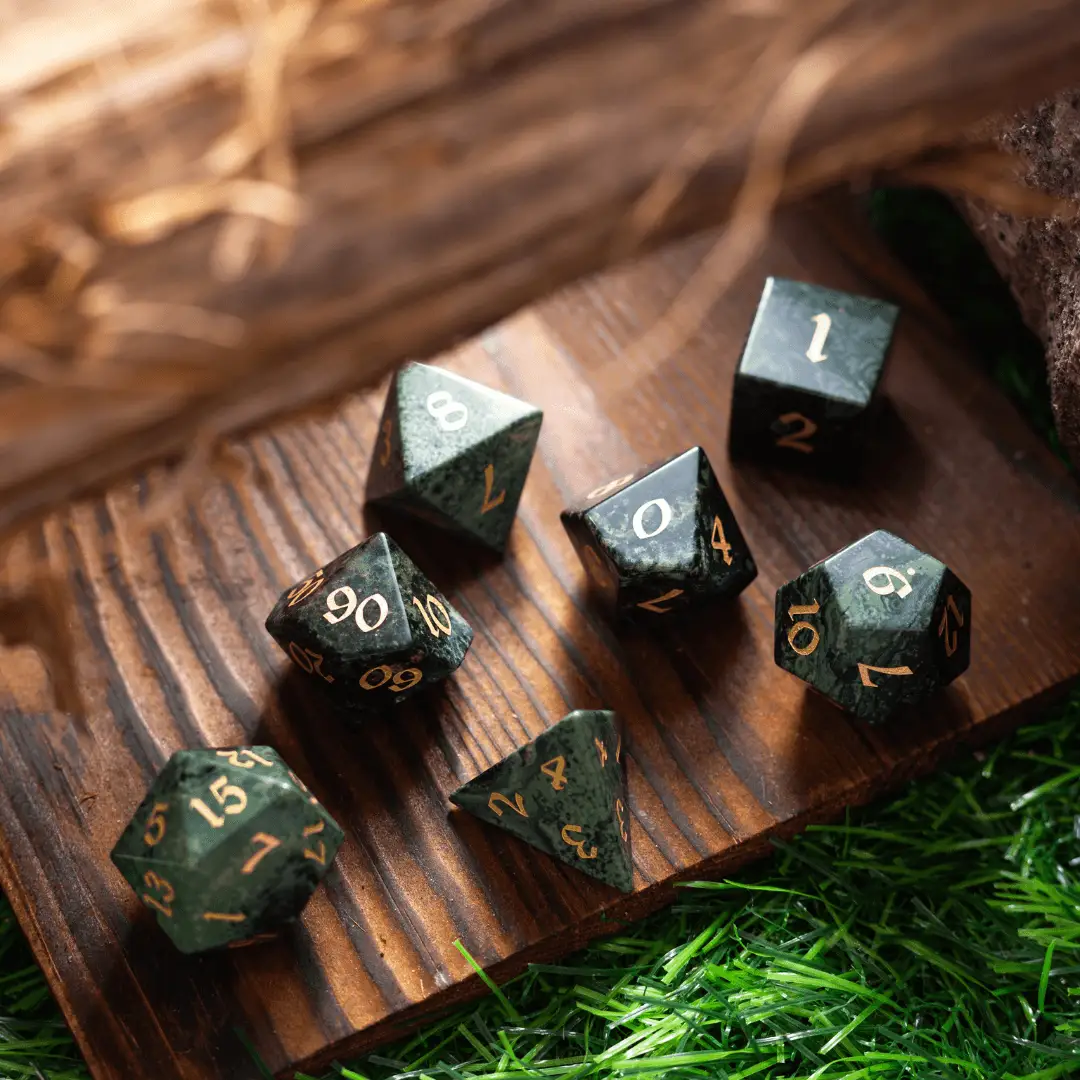 Green Eyed Hand Carved Gemstone DND Dice Set by Runic Dice