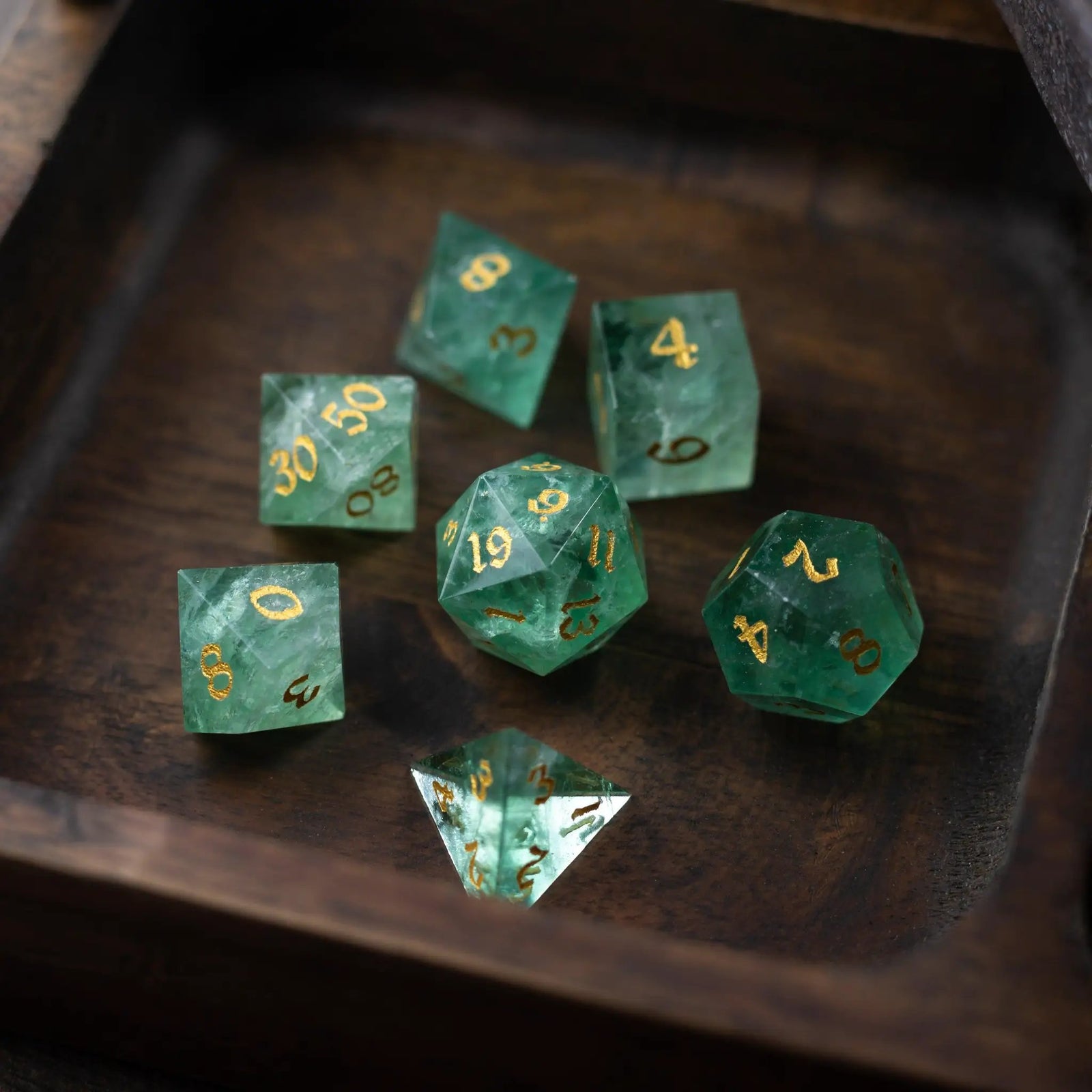 Green Fluorite Gemstone (Chlorophane) Hand Carved DND Dice Set by Runic Dice