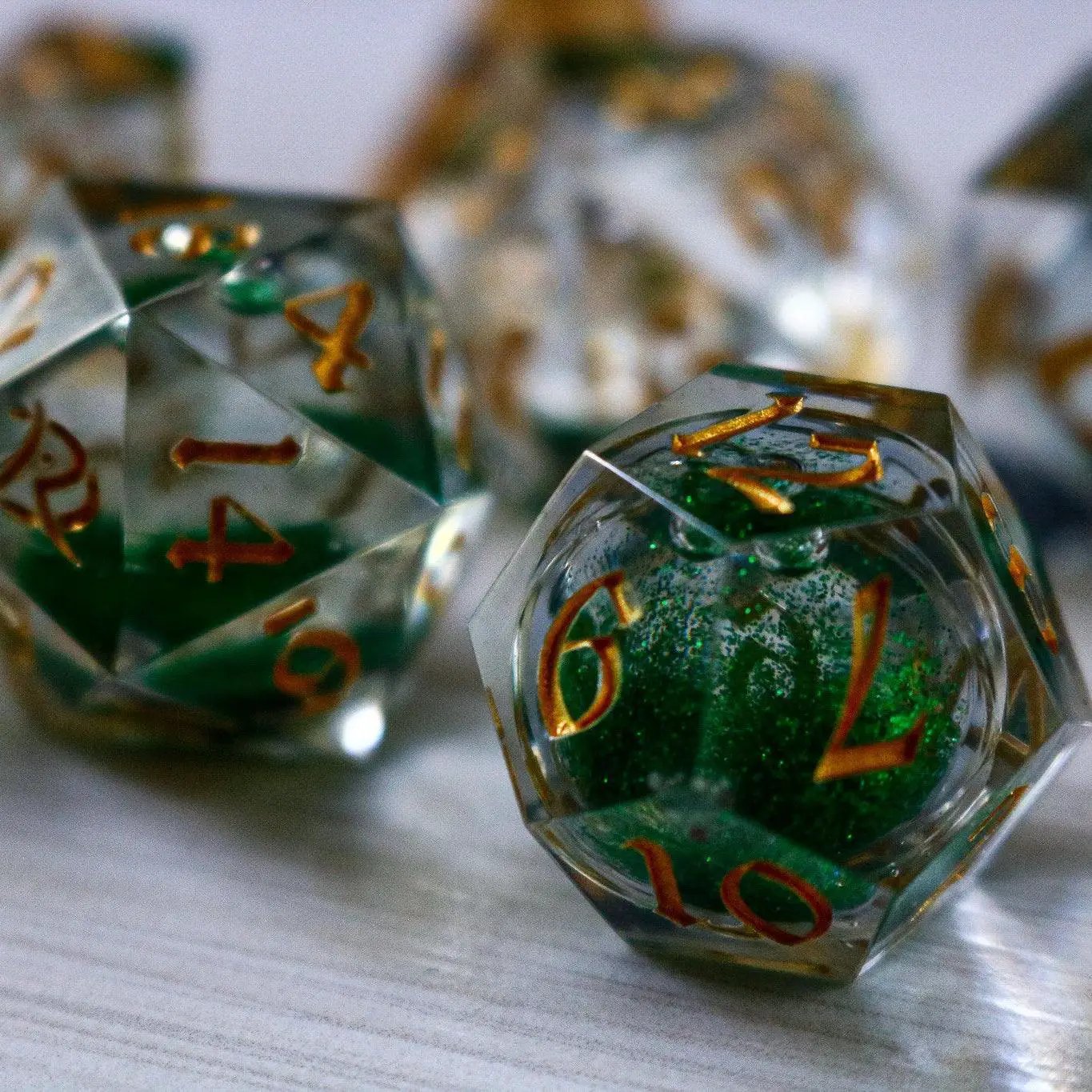 Green Glitter Liquid Core Handmade Sharp Edge Resin DND Dice Set by Runic Dice