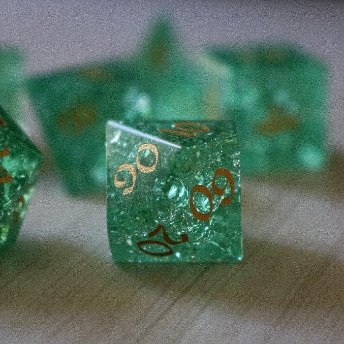 Green Lightning Cracked Glass gemstone dice set by Runic Dice featuring vibrant green and cracked glass design for D&D gameplay.