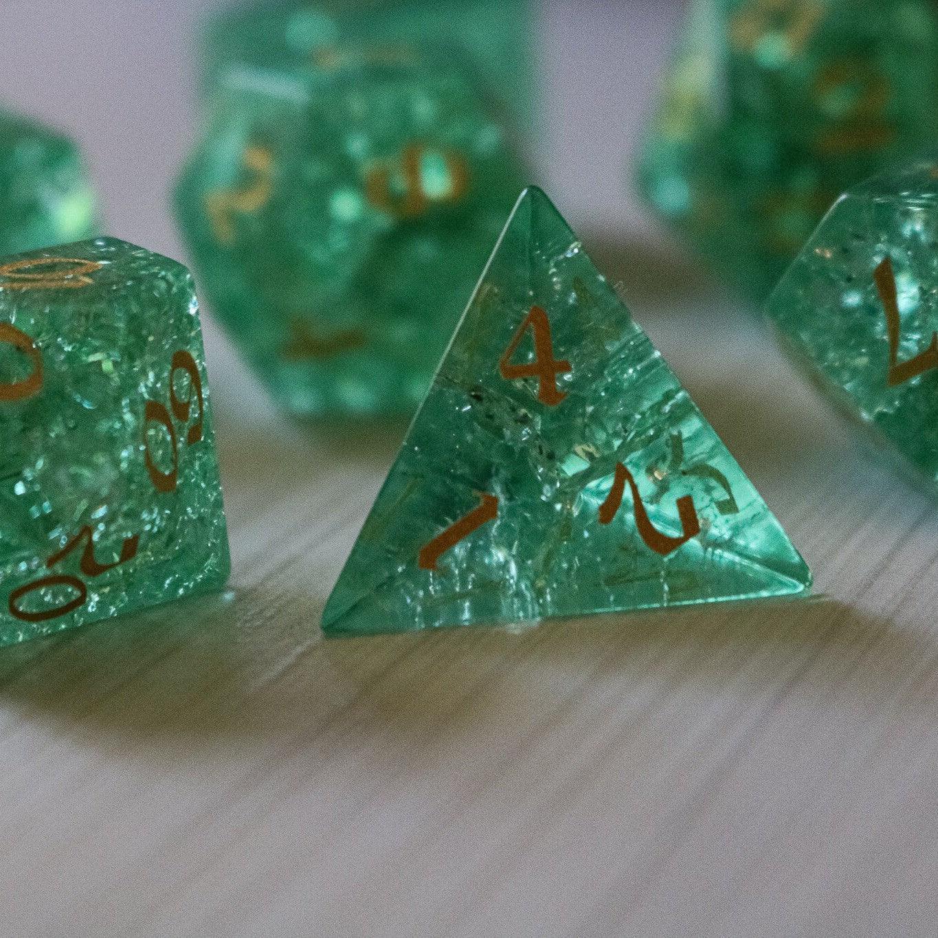 Green Lightning Cracked Glass DND gemstone dice set by Runic Dice with vibrant green and lightning crack patterns.