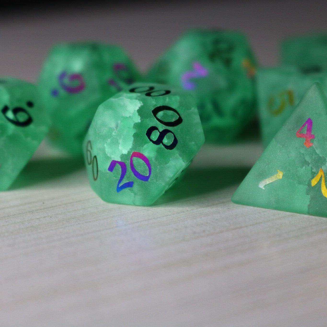 Green mint gemstone DND dice set with lightning and cracked glass design by Runic Dice, perfect for tabletop gaming.