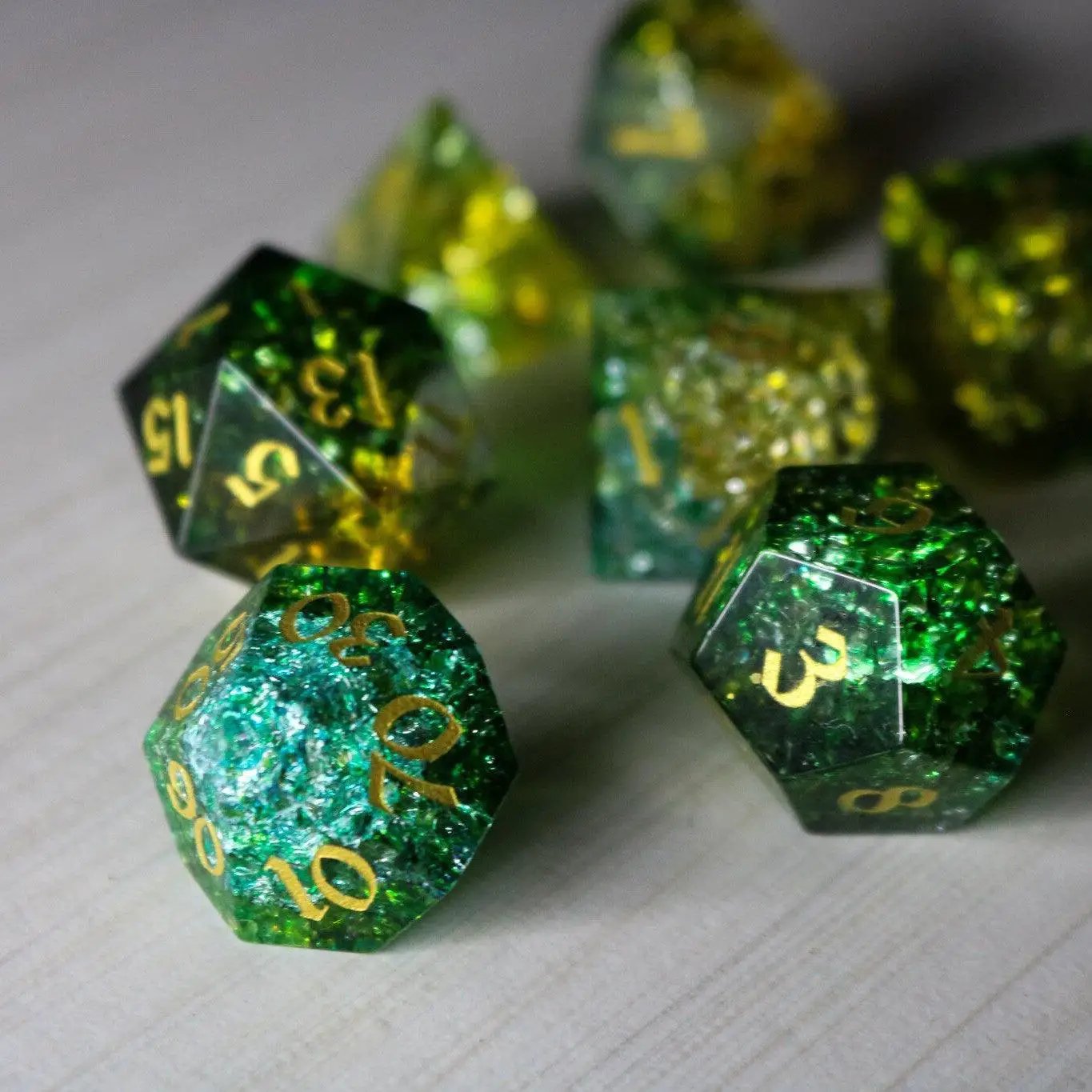Green Poison Forge Fire Cracked Glass DND Dice Set by Runic Dice