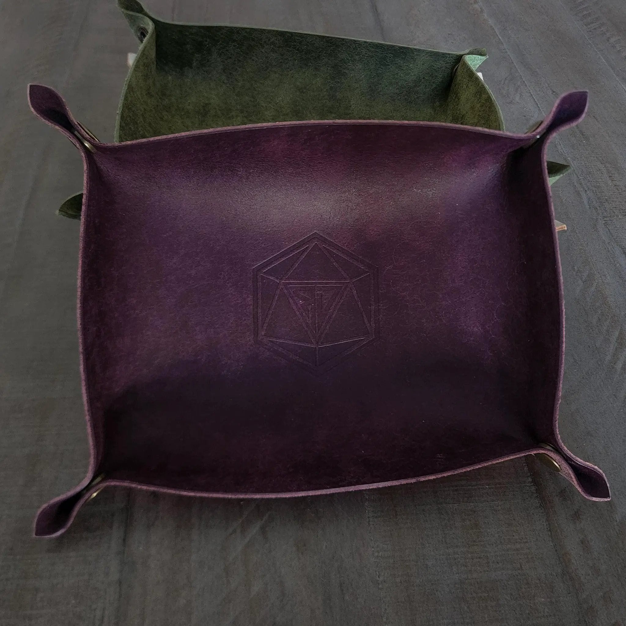 Handmade Italian purple Pueblo leather DND dice tray by Runic Dice, featuring detailed craftsmanship and spacious design.
