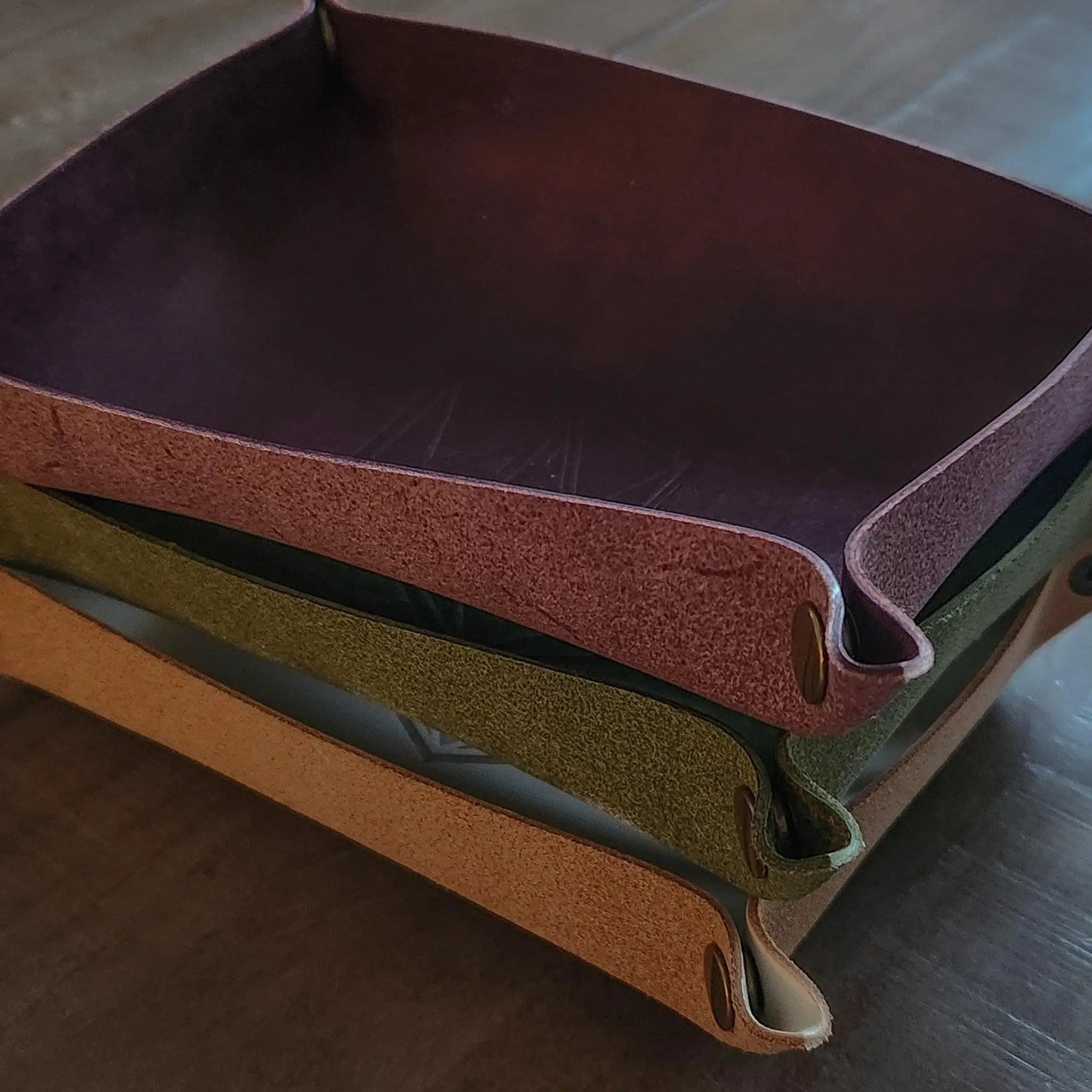 Handmade Italian purple Pueblo leather DND dice tray by Runic Dice, featuring detailed craftsmanship and vibrant purple leather.