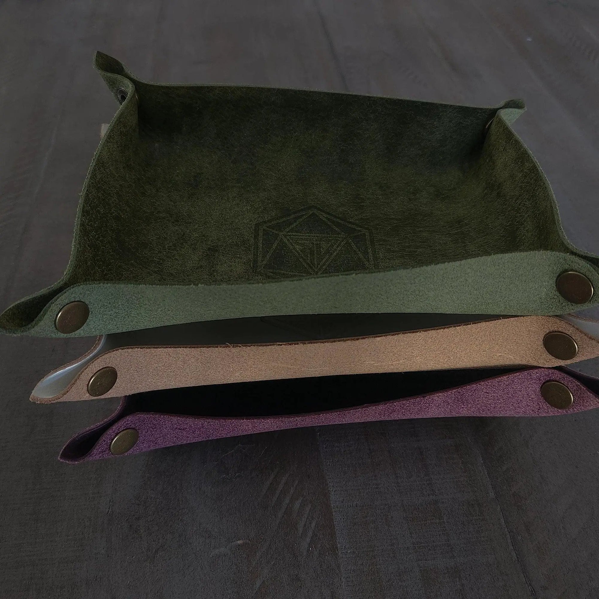 Handmade Italian purple Pueblo leather D&D dice tray by Runic Dice, with detailed stitching and a soft, durable surface.