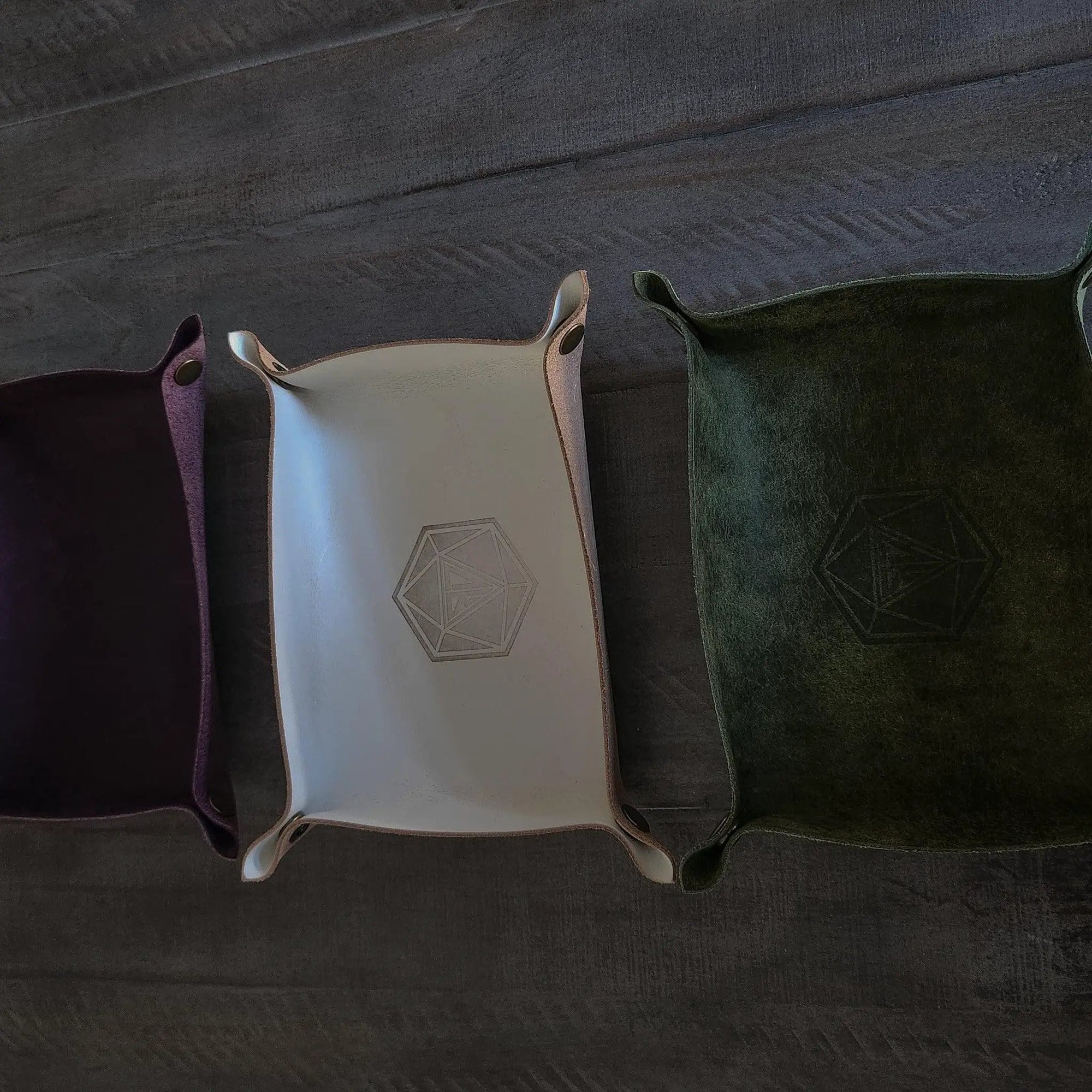 Handmade Italian purple Pueblo leather DND dice tray by Runic Dice, featuring a soft, durable leather surface for tabletop gaming.