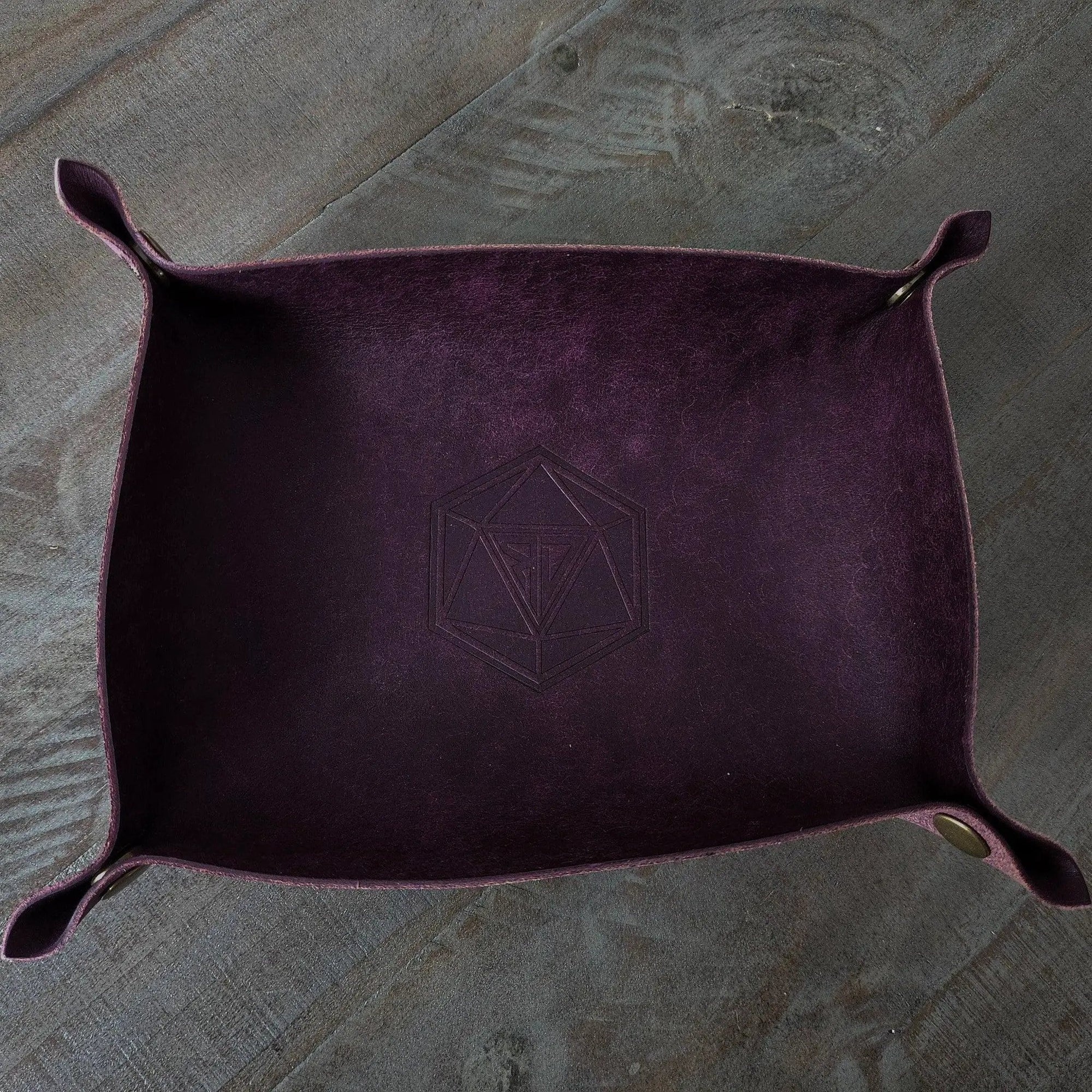 Handmade Italian purple Pueblo leather D&D dice tray with detailed craftsmanship and soft interior for tabletop gaming.