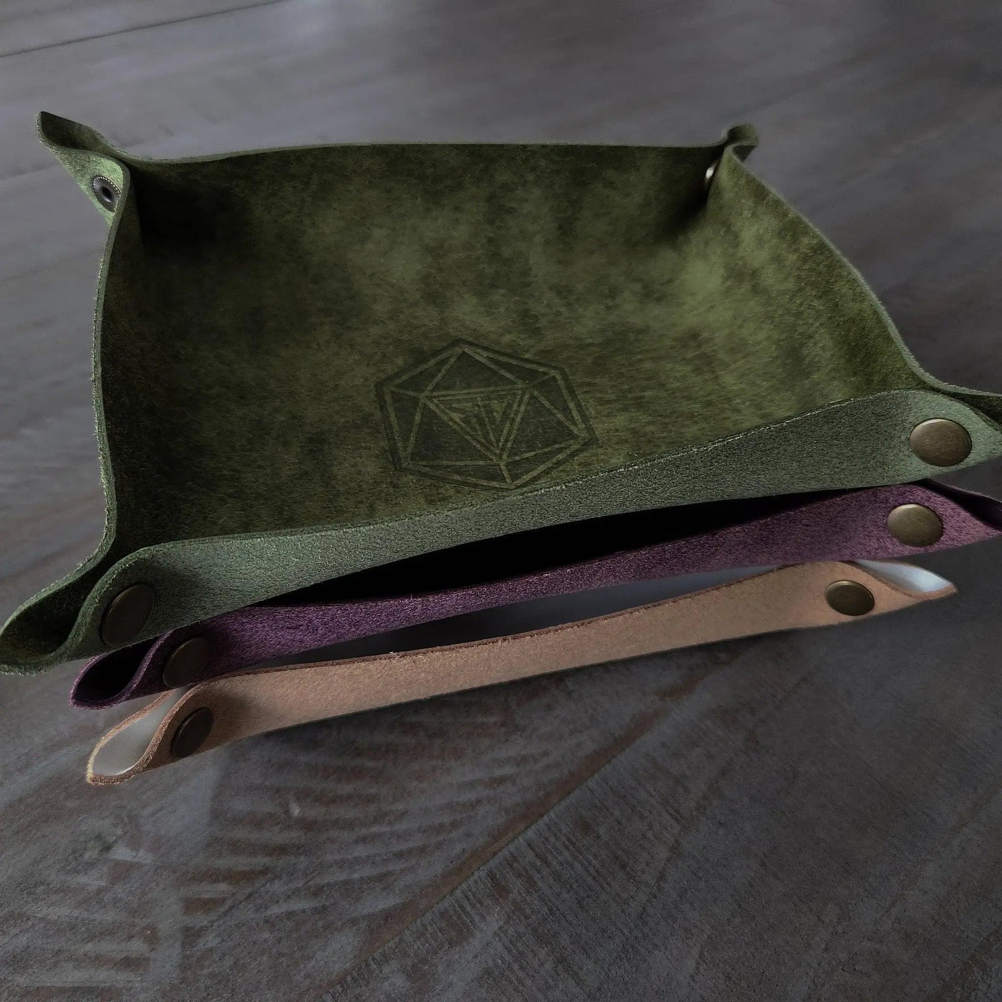 Handmade Italian purple Pueblo leather DND dice tray by Runic Dice with detailed stitching and soft leather interior.