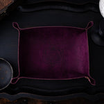 Handmade Italian purple Pueblo leather DND dice tray with detailed stitching and soft interior for tabletop gaming.