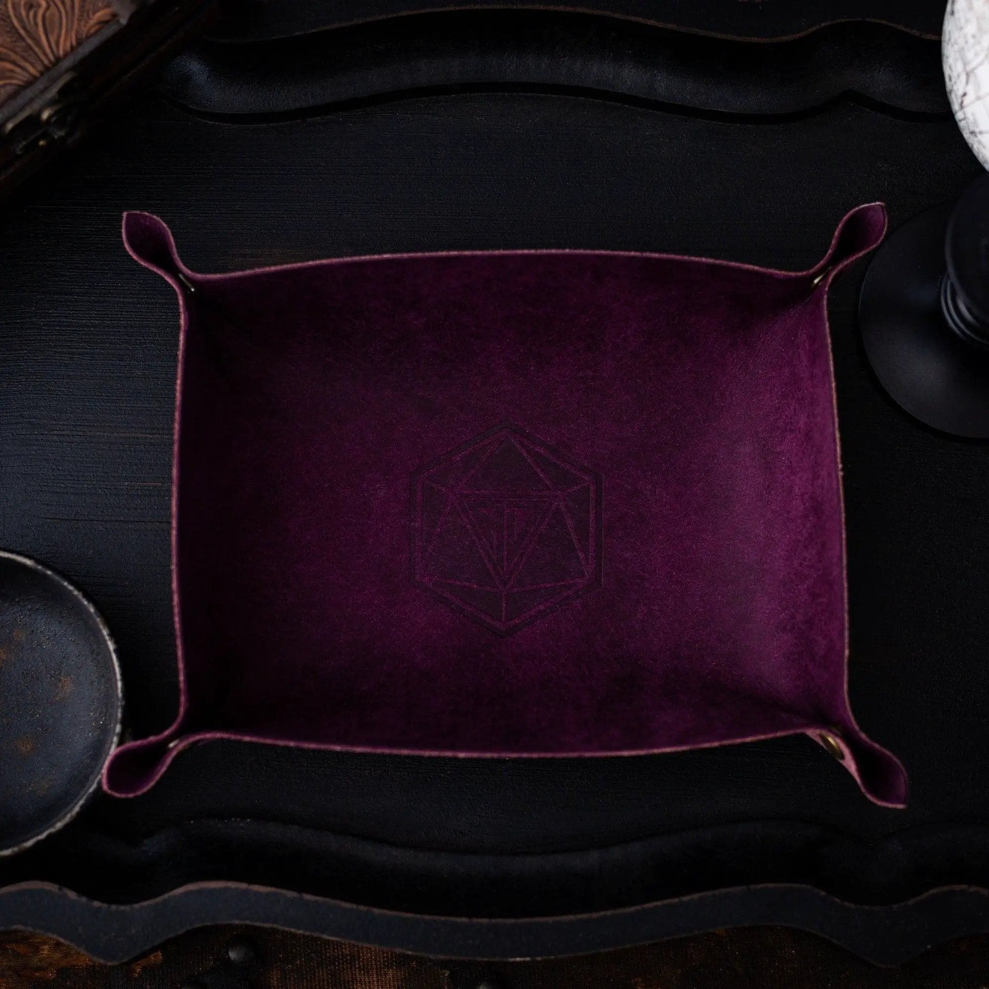 Handmade Italian purple Pueblo leather DND dice tray with detailed stitching and soft interior for tabletop gaming.