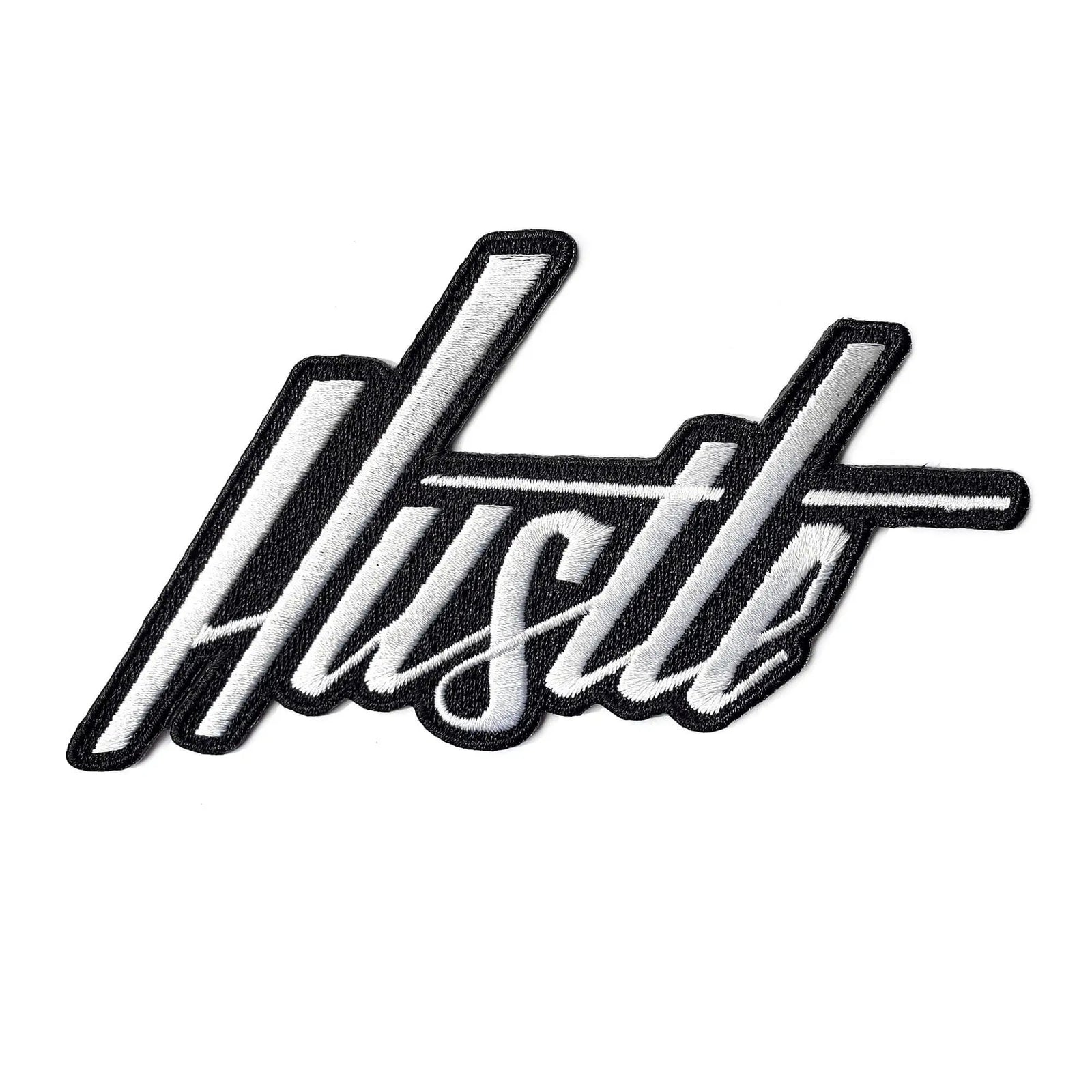 Iron-on Hustle Patch by Kolorspun featuring bold lettering and colorful design on a fabric patch for clothing or accessories.