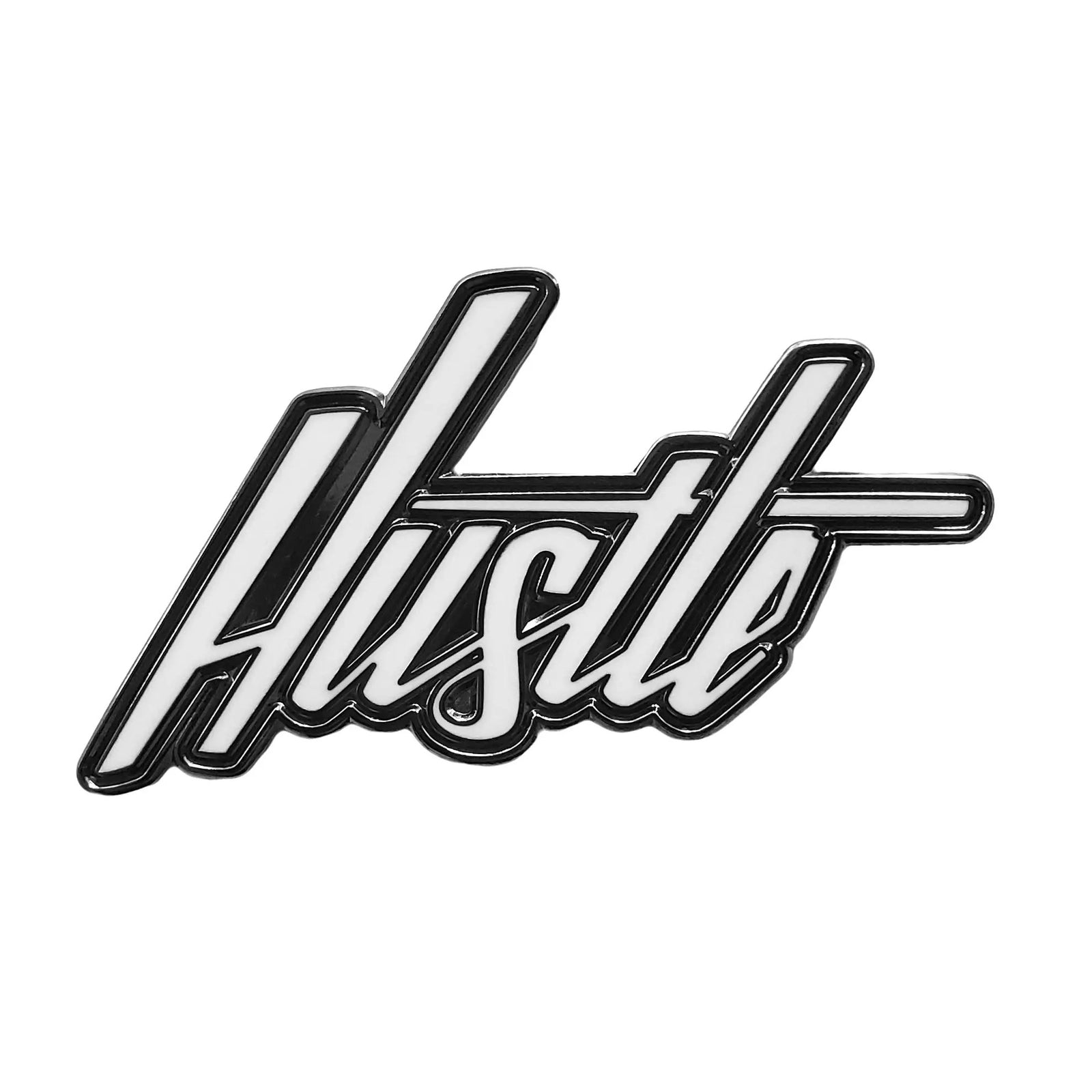 White "Hustle" hand-lettered pin by Kolorspun featuring bold, stylish lettering on a sleek metal pin.