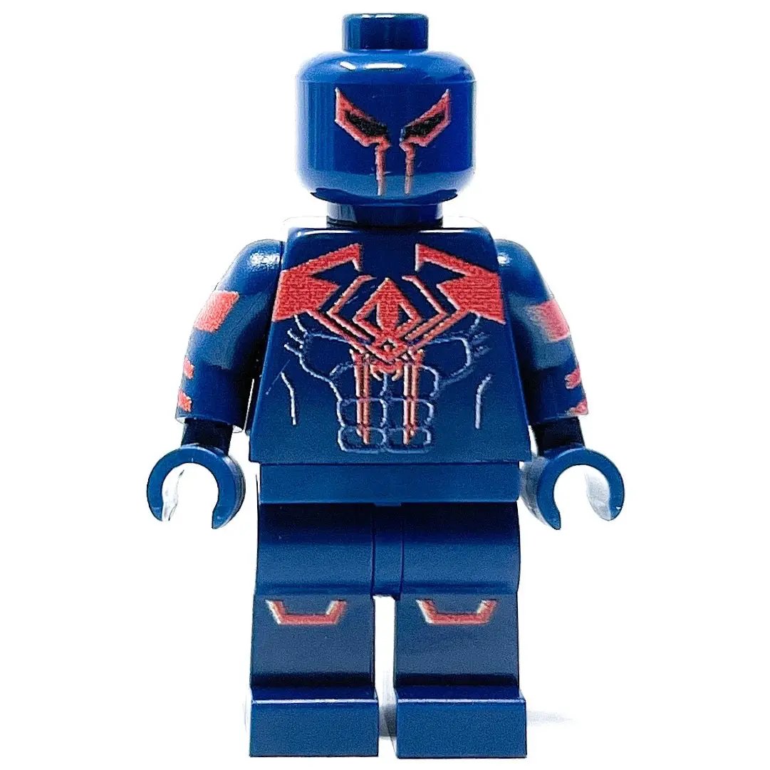 Spidey 2099 custom LEGO minifigure by B3 Customs featuring red and black costume with detailed web design.