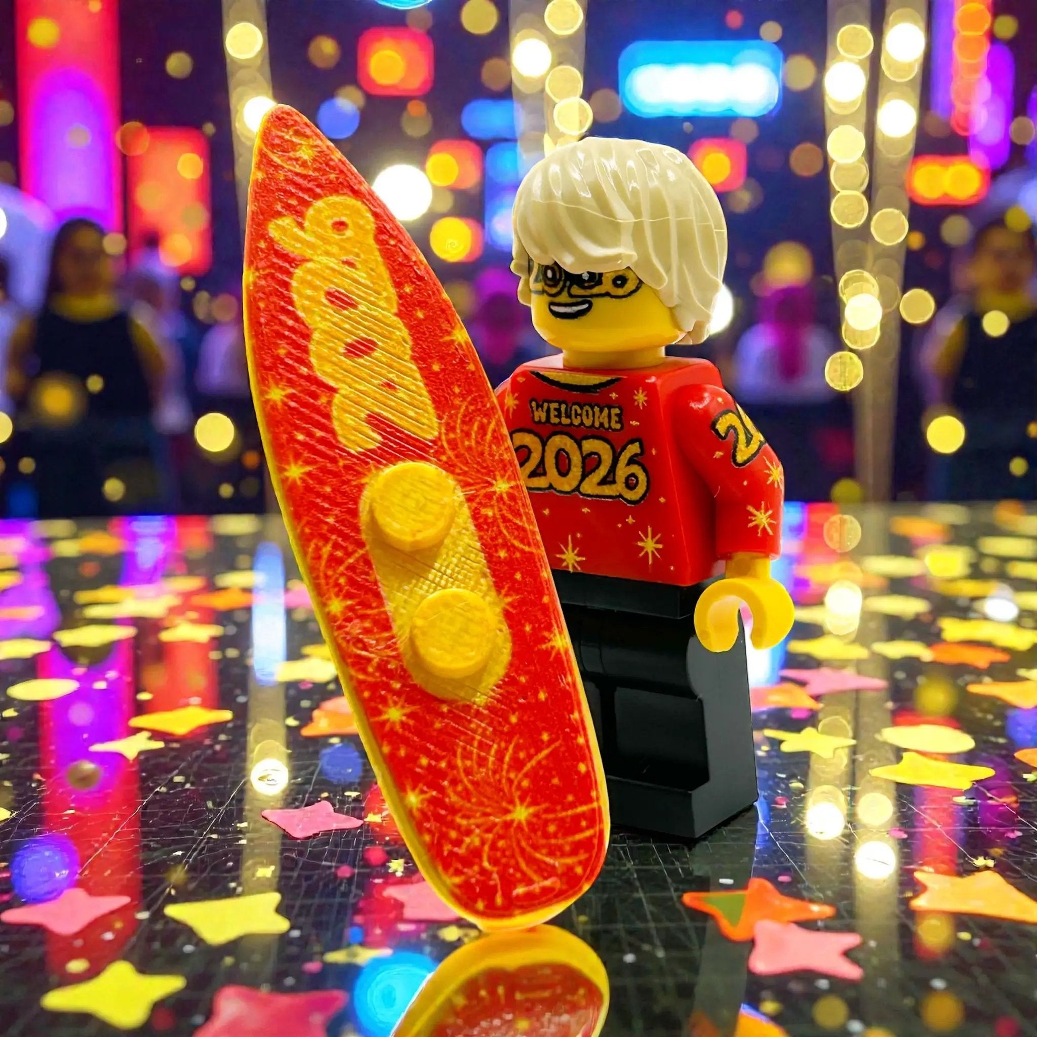 B3 Customs surfing into 2026 New Year's minifig with surfboard and festive attire on a white background