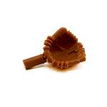 3D printed brown left-hand baseball glove for minifig, designed by B3 Customs, showing detailed stitching and realistic texture.
