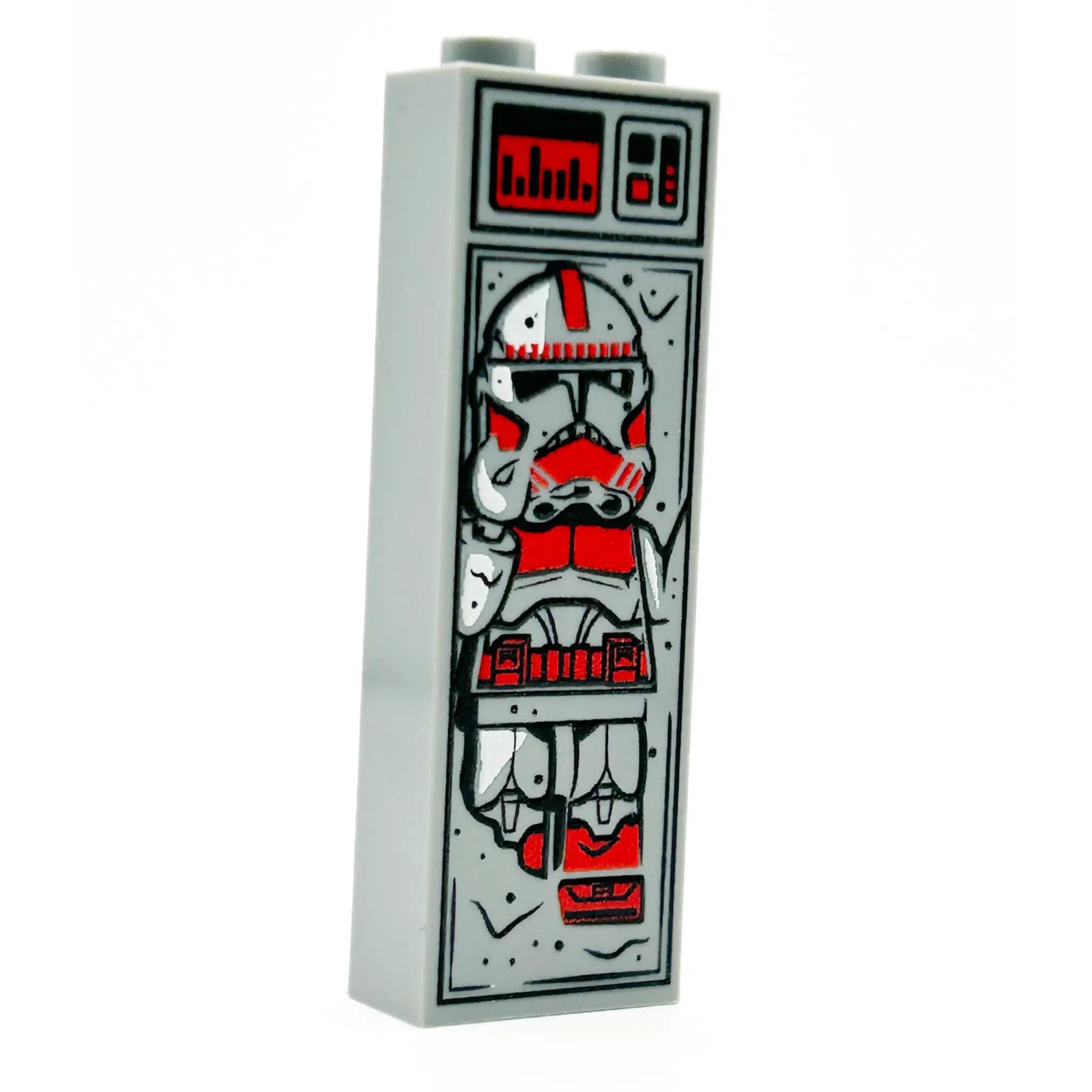Red P2 Shock Trooper minifigure in carbonite block from B3 Customs, detailed LEGO-style 1x2x5 brick display.