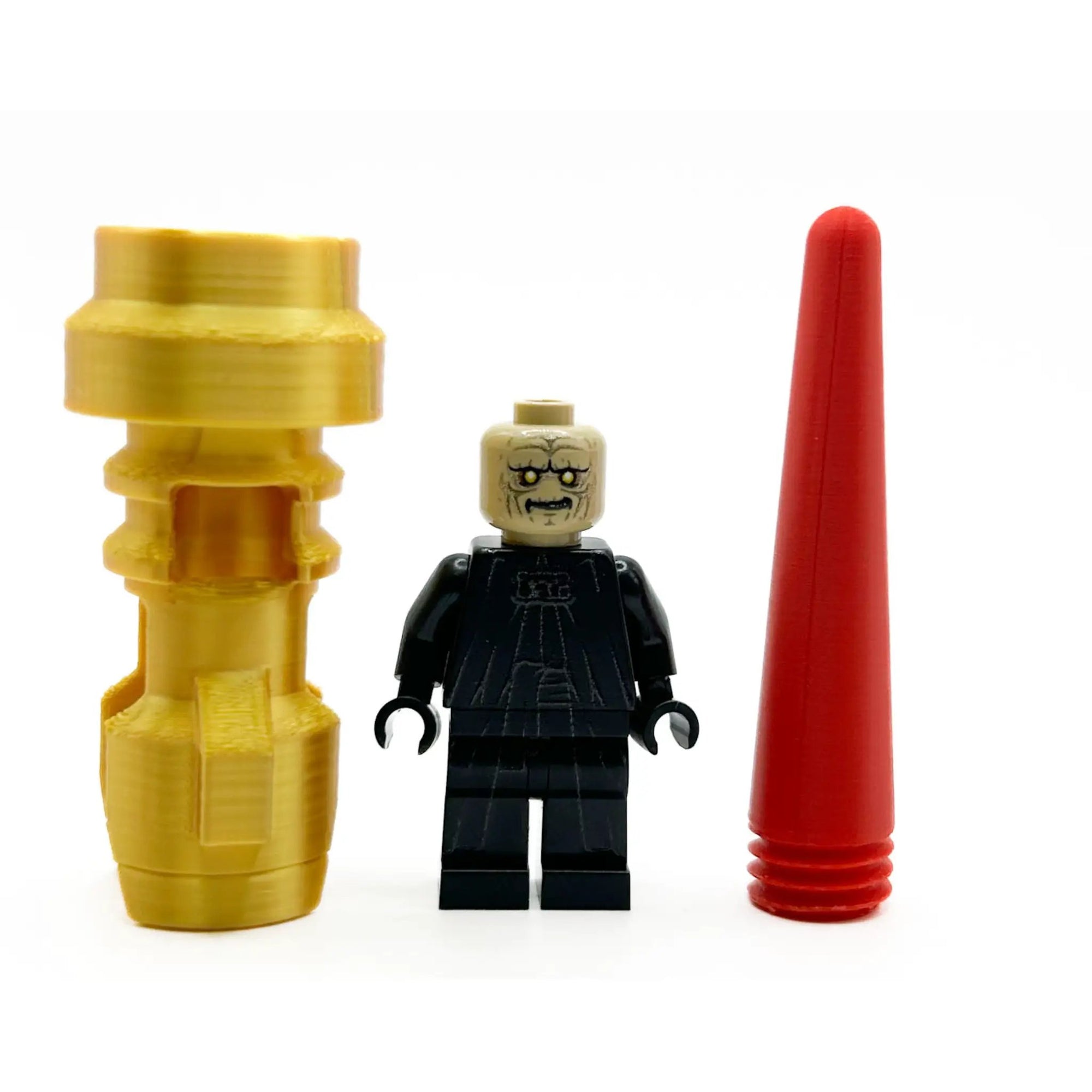 Emperor Minifig wearing B3 Customs gold and red blade costume, detailed LEGO-style figure with intricate armor and accessories.