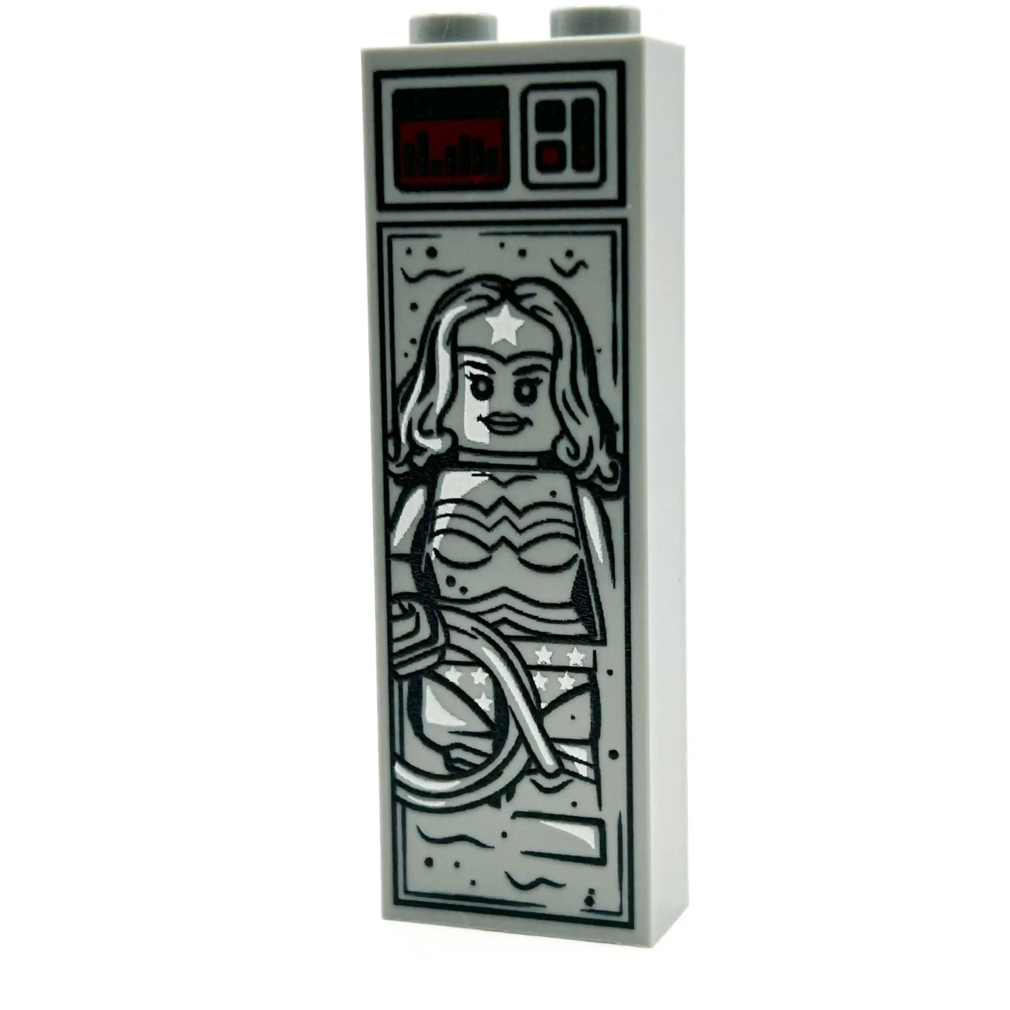 Amazon Warrior in Carbonite LEGO brick by B3 Customs, showing a detailed 1x2x5 brick with an Amazon warrior design.