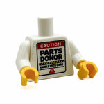 Custom B3 Customs caution-themed parts donor minifig torso with printed warning label, ideal for LEGO minifigure customization.