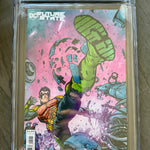 Comic book in a clear plastic cover with a grading label on a wooden surface