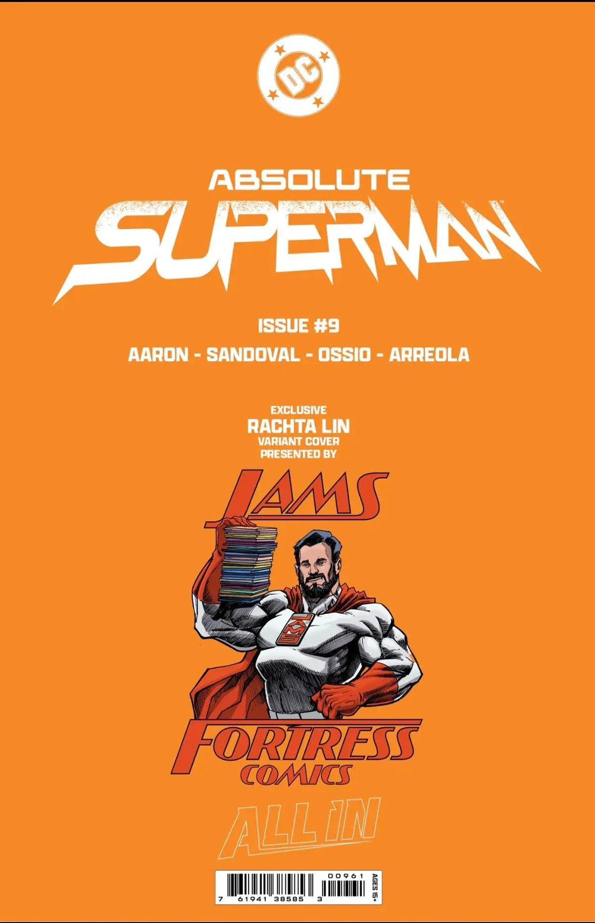 Comic book cover of Absolute Superman #9 foil variant by JAMS Fortress Comics, featuring Superman in a dynamic pose with foil accents.