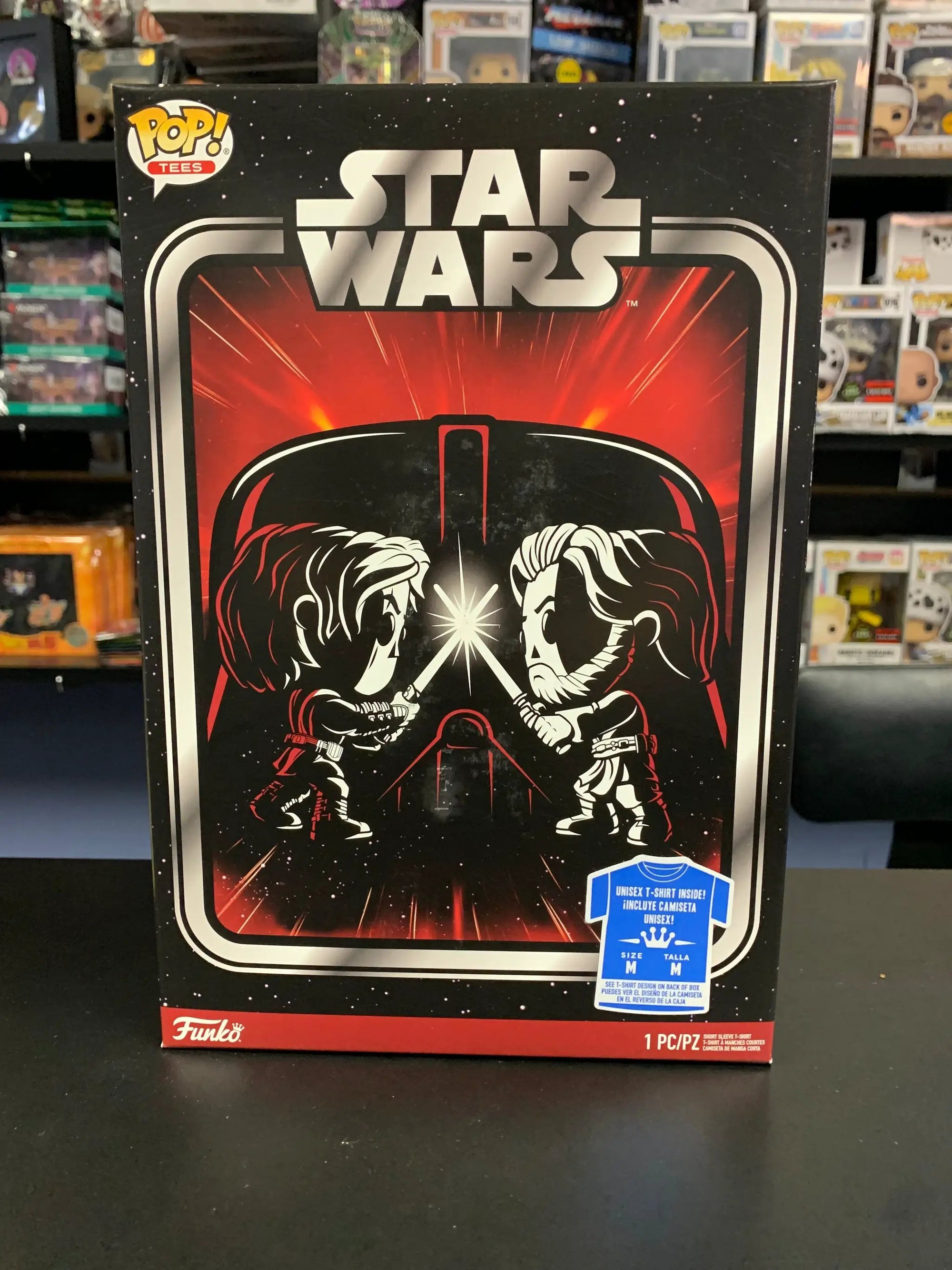 Boxed Star Wars T-shirt featuring Anakin Skywalker vs Obi-Wan Kenobi from THE MIGHTY HOBBY SHOP, displayed flat on a white background.