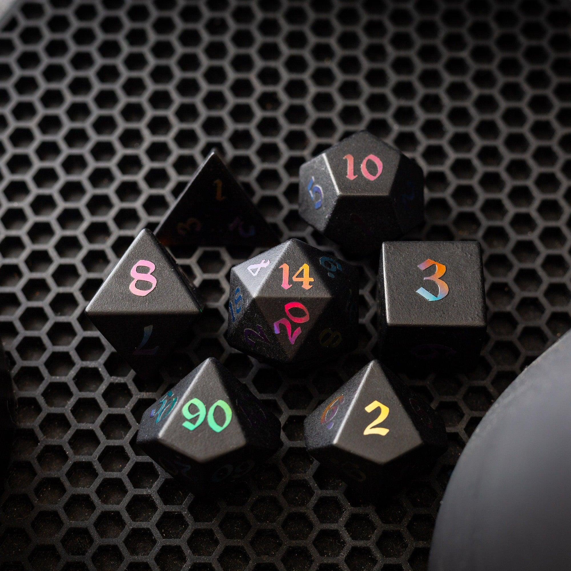 Set of Inked Black Night raised obsidian gemstone dice by Runic Dice, hand-carved DND set with detailed numbering.