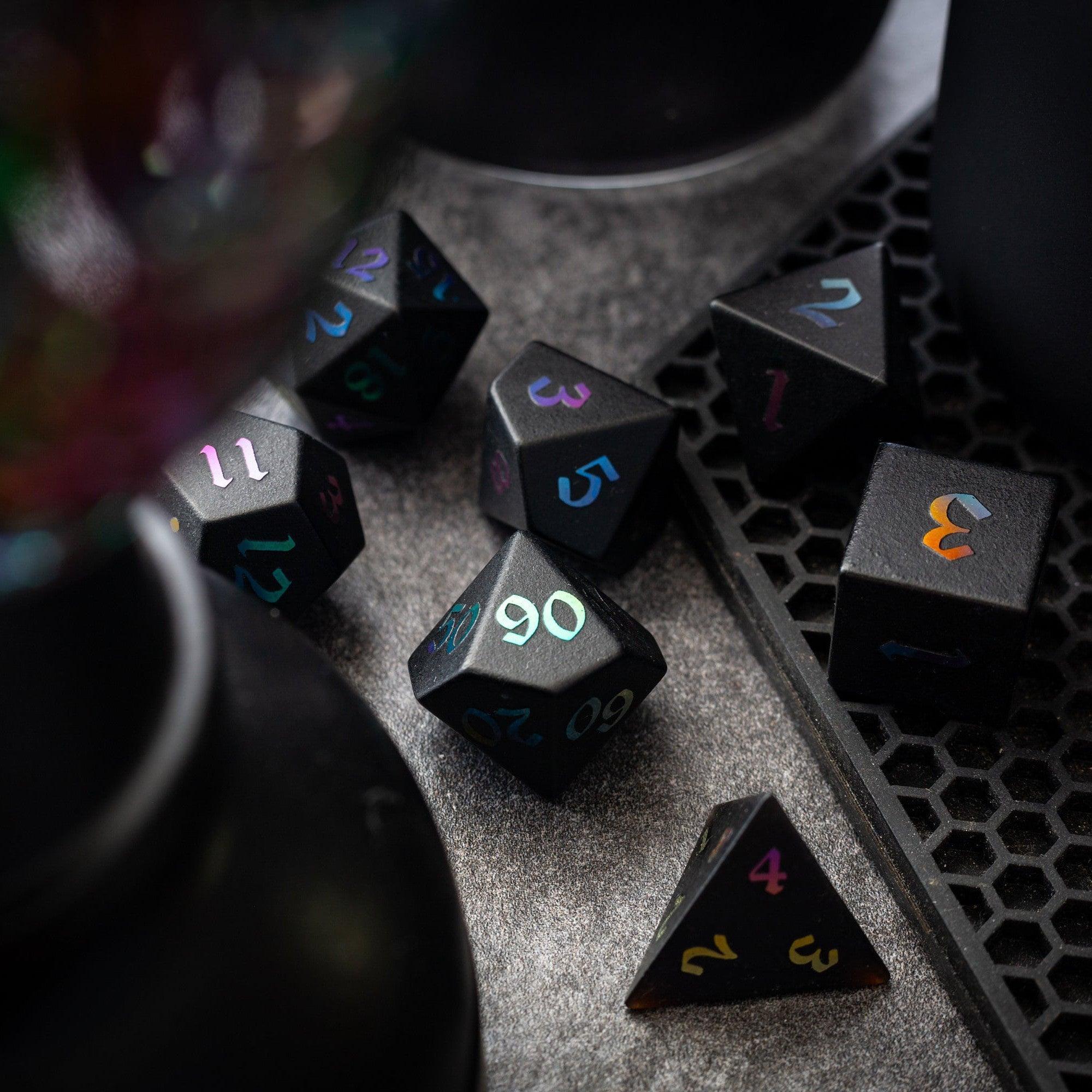 Runic Dice Inked Black Night raised obsidian gemstone dice set with hand-carved DND design, perfect for tabletop gaming.