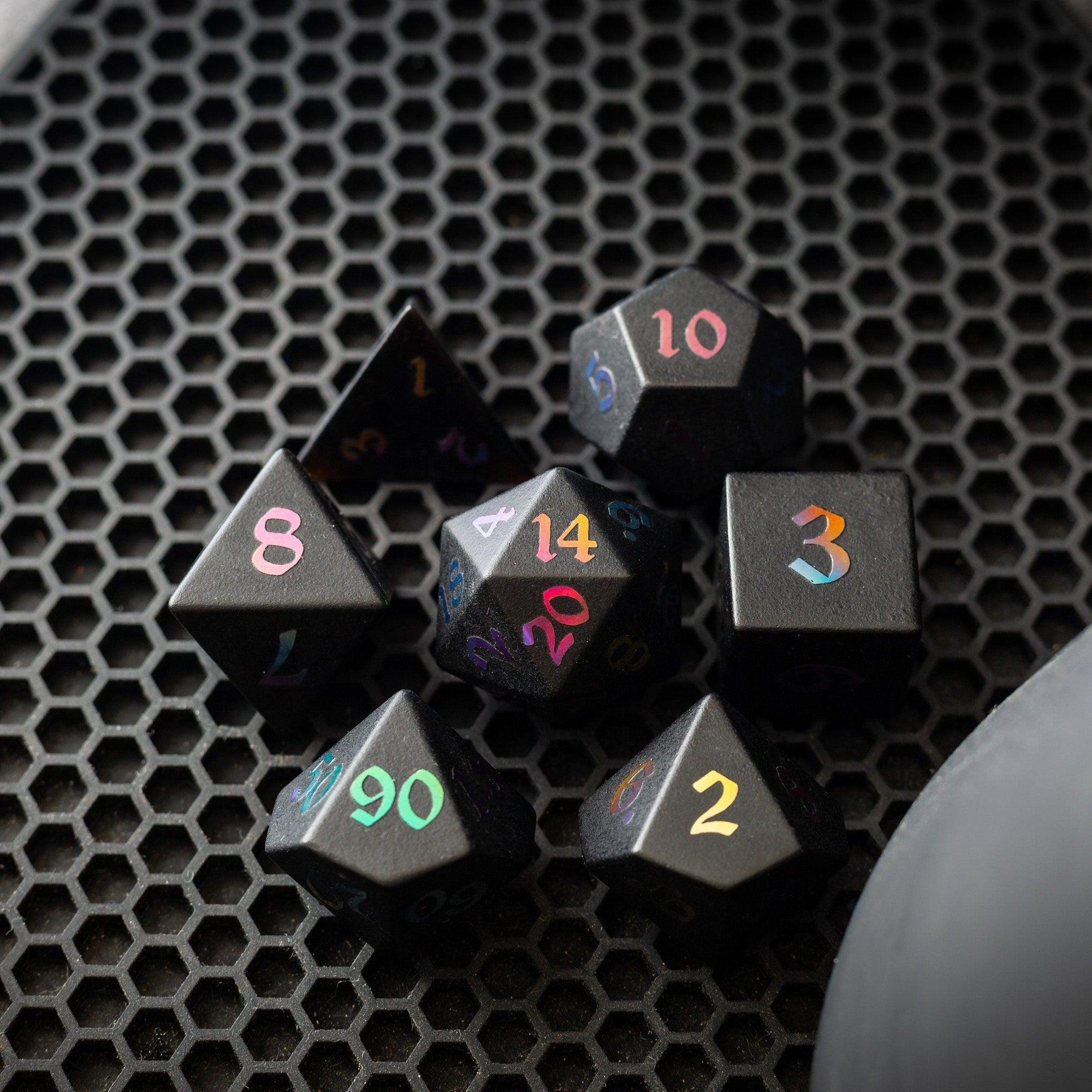 Set of Inked Black Night raised obsidian gemstone dice by Runic Dice, hand-carved for D&D gaming.