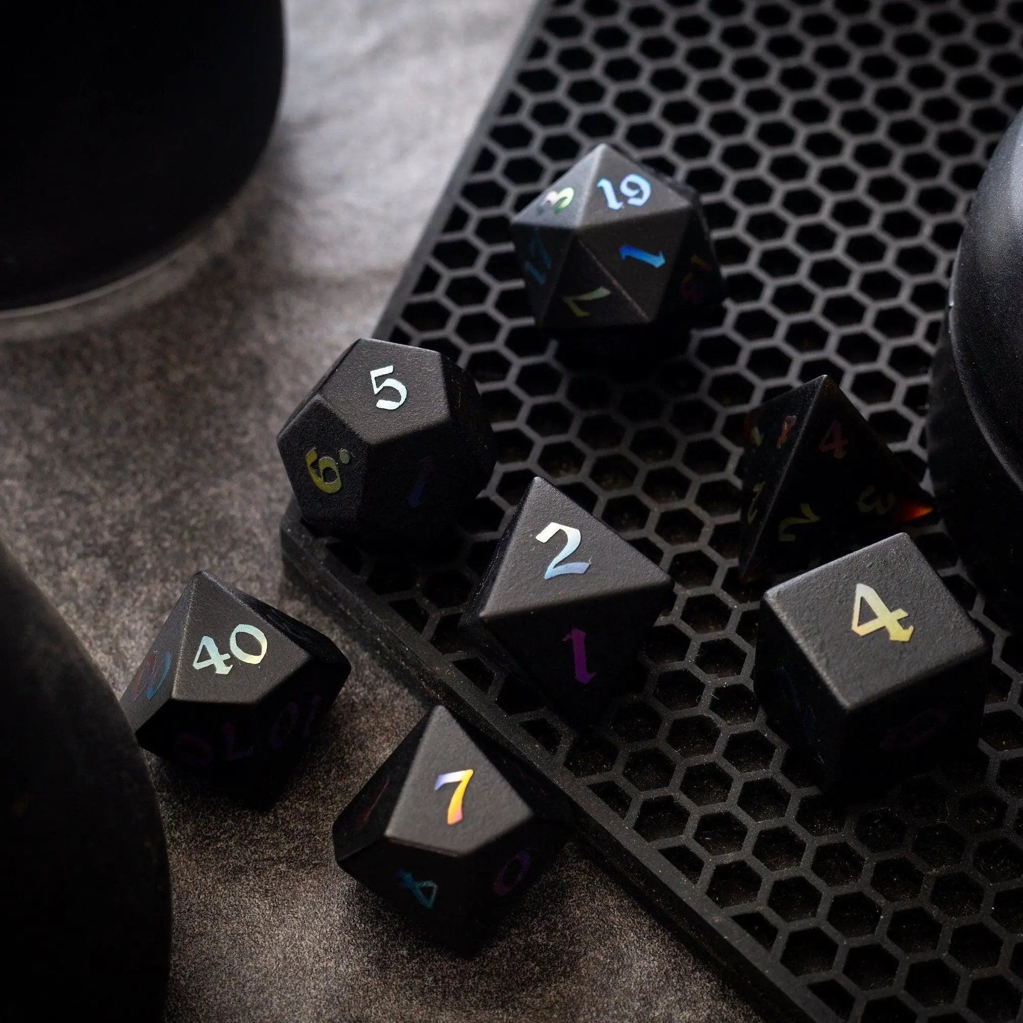 Runic Dice Inked Black Night raised obsidian gemstone dice set with hand-carved DND design for tabletop gaming.