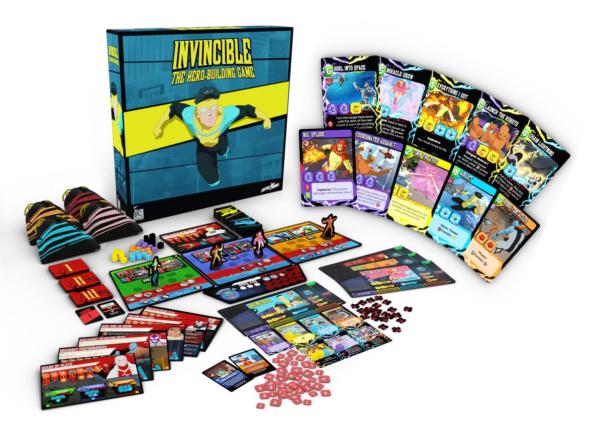 Components from Invincible: The Hero-Building Game by THE MIGHTY HOBBY SHOP, including character cards, tokens, and game pieces.