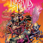 Comic book cover of 'The Lucky Devils' with characters and creatures on a pink and orange background.