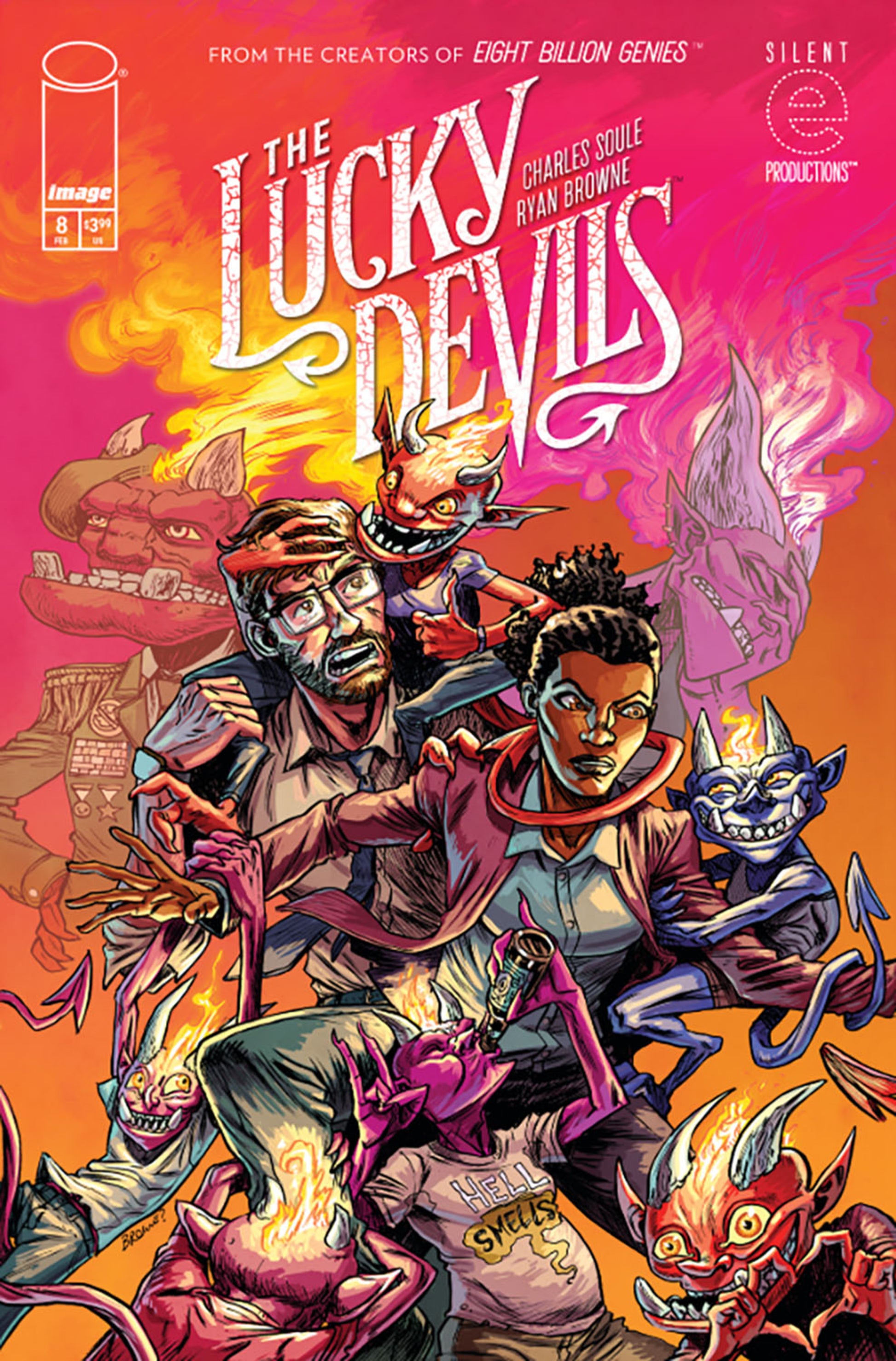 Comic book cover of 'The Lucky Devils' with characters and creatures on a pink and orange background.