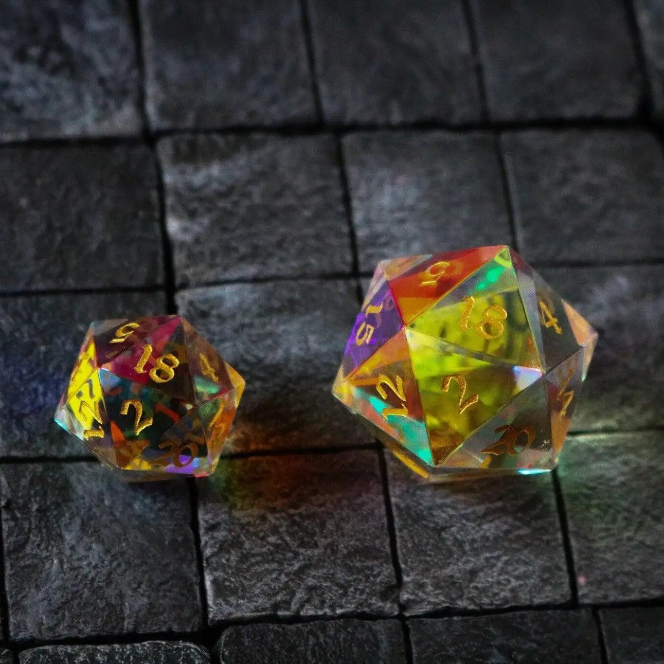 Large dragon egg dichroic glass D20 gemstone polyhedral dice by Runic Dice, featuring vibrant colors and intricate patterns.
