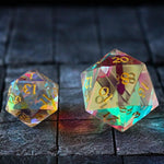 Large dragon egg-shaped dichroic glass D20 gemstone polyhedral dice by Runic Dice, featuring vibrant colors and intricate patterns.