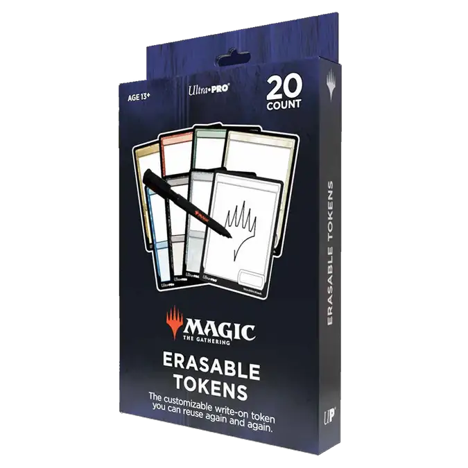 Erasable Magic: The Gathering tokens from THE MIGHTY HOBBY SHOP, featuring colorful, reusable game tokens on a white background.
