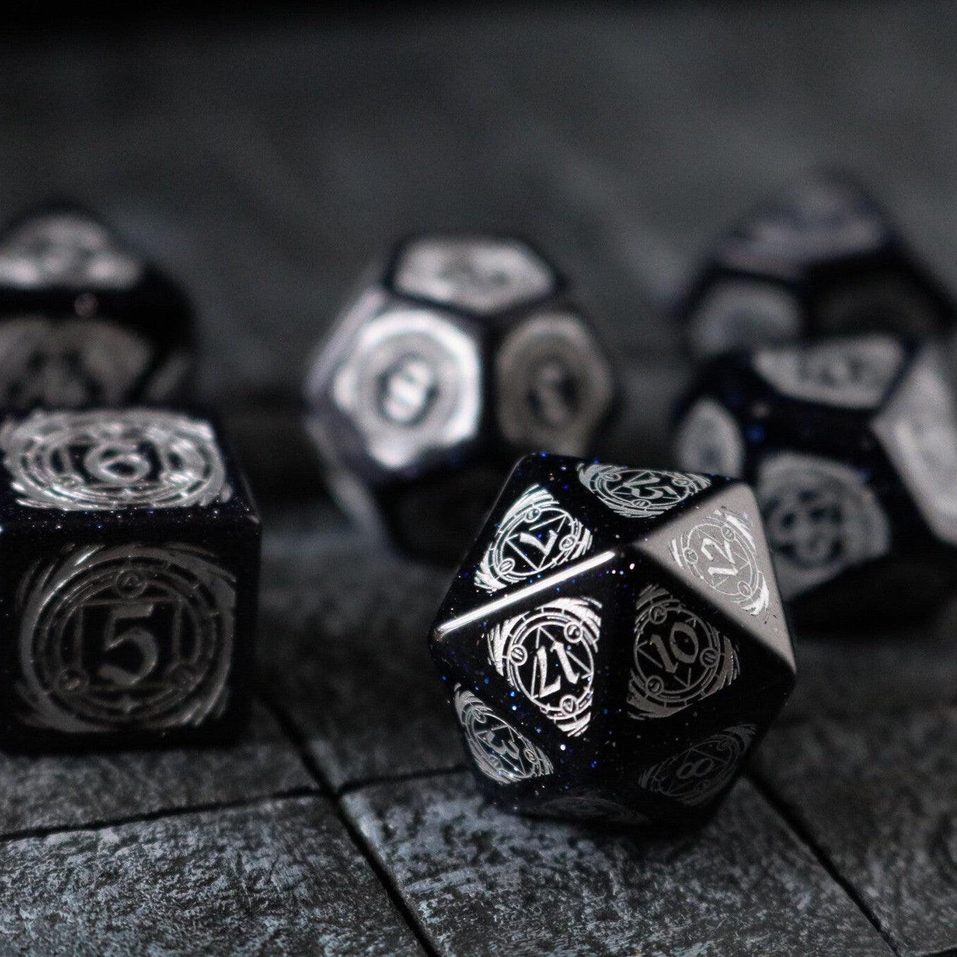 Mage Fury Blue Sandstone Silver Font Gemstone DND Dice Set