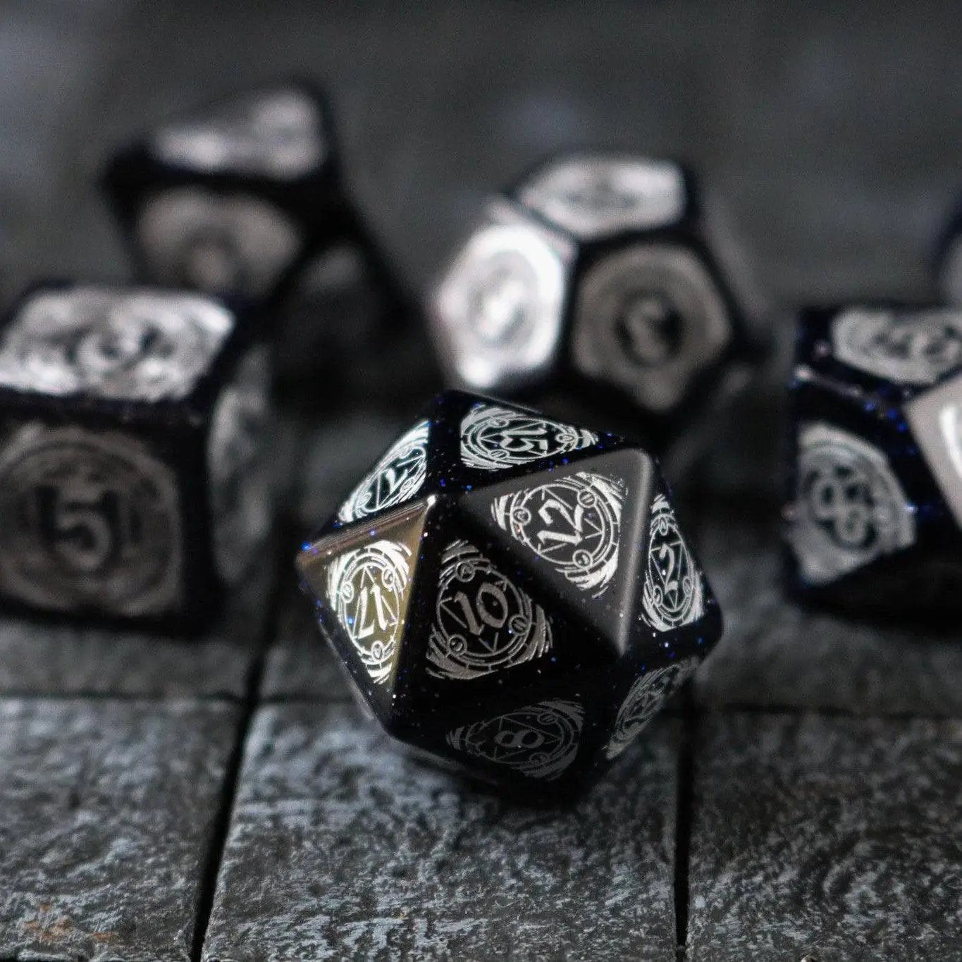 Mage Fury Blue Sandstone Silver Font Gemstone DND Dice Set by Runic Dice