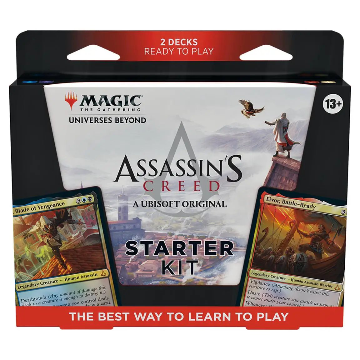Two ready-to-play Magic: The Gathering Assassin’s Creed Beyond Starter Kit decks, featuring themed cards and artwork.